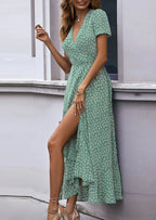 PRETTYGARDEN Women's Summer Maxi Dress Casual Wrap Floral Boho Short Sleeve V Neck Split Ruffle Beach Long Dresses