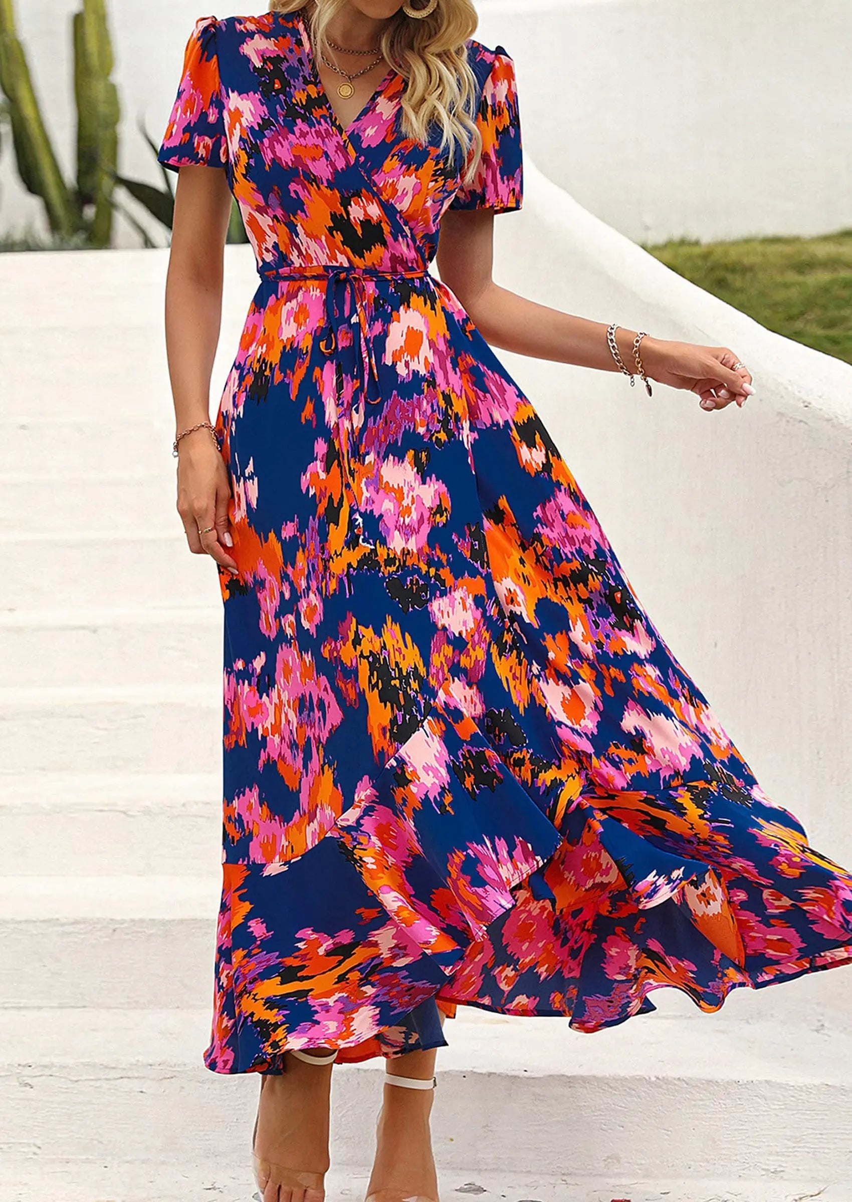 PRETTYGARDEN Women's Summer Maxi Dress Casual Wrap Floral Boho Short Sleeve V Neck Split Ruffle Beach Long Dresses
