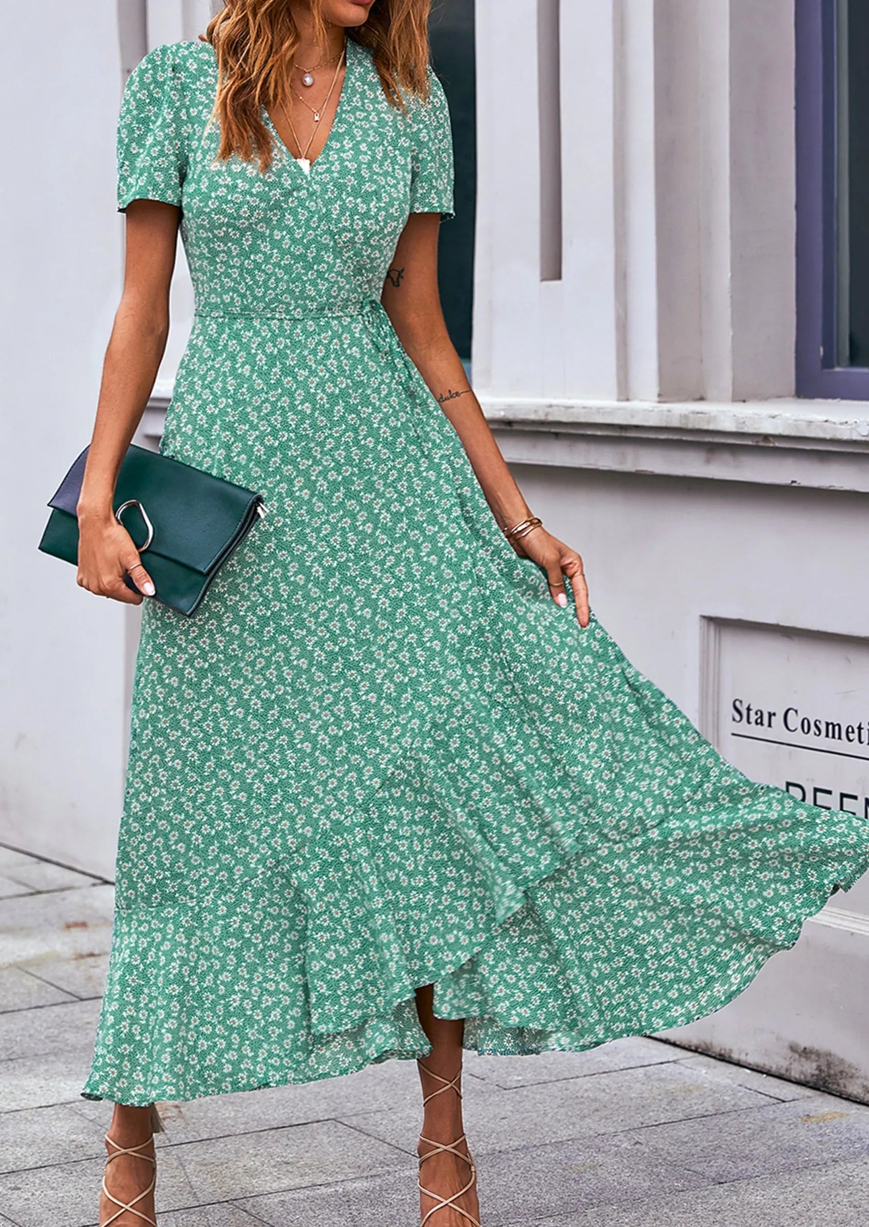 PRETTYGARDEN Women's Summer Maxi Dress Casual Wrap Floral Boho Short Sleeve V Neck Split Ruffle Beach Long Dresses