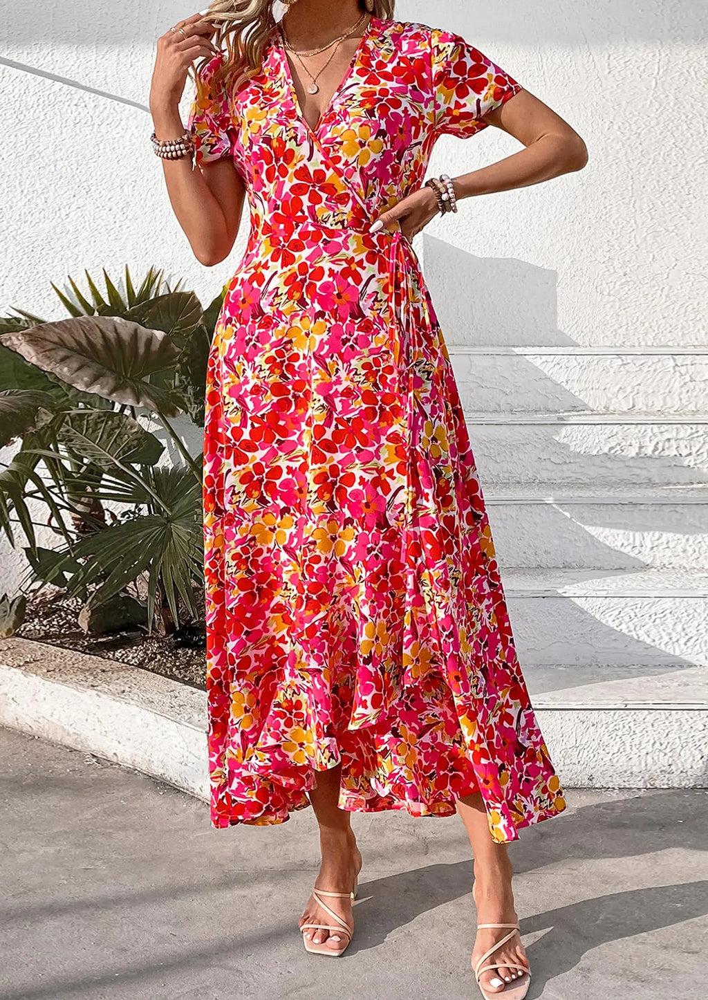 PRETTYGARDEN Women's Summer Maxi Dress Casual Wrap Floral Boho Short Sleeve V Neck Split Ruffle Beach Long Dresses