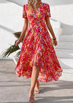 PRETTYGARDEN Women's Summer Maxi Dress Casual Wrap Floral Boho Short Sleeve V Neck Split Ruffle Beach Long Dresses