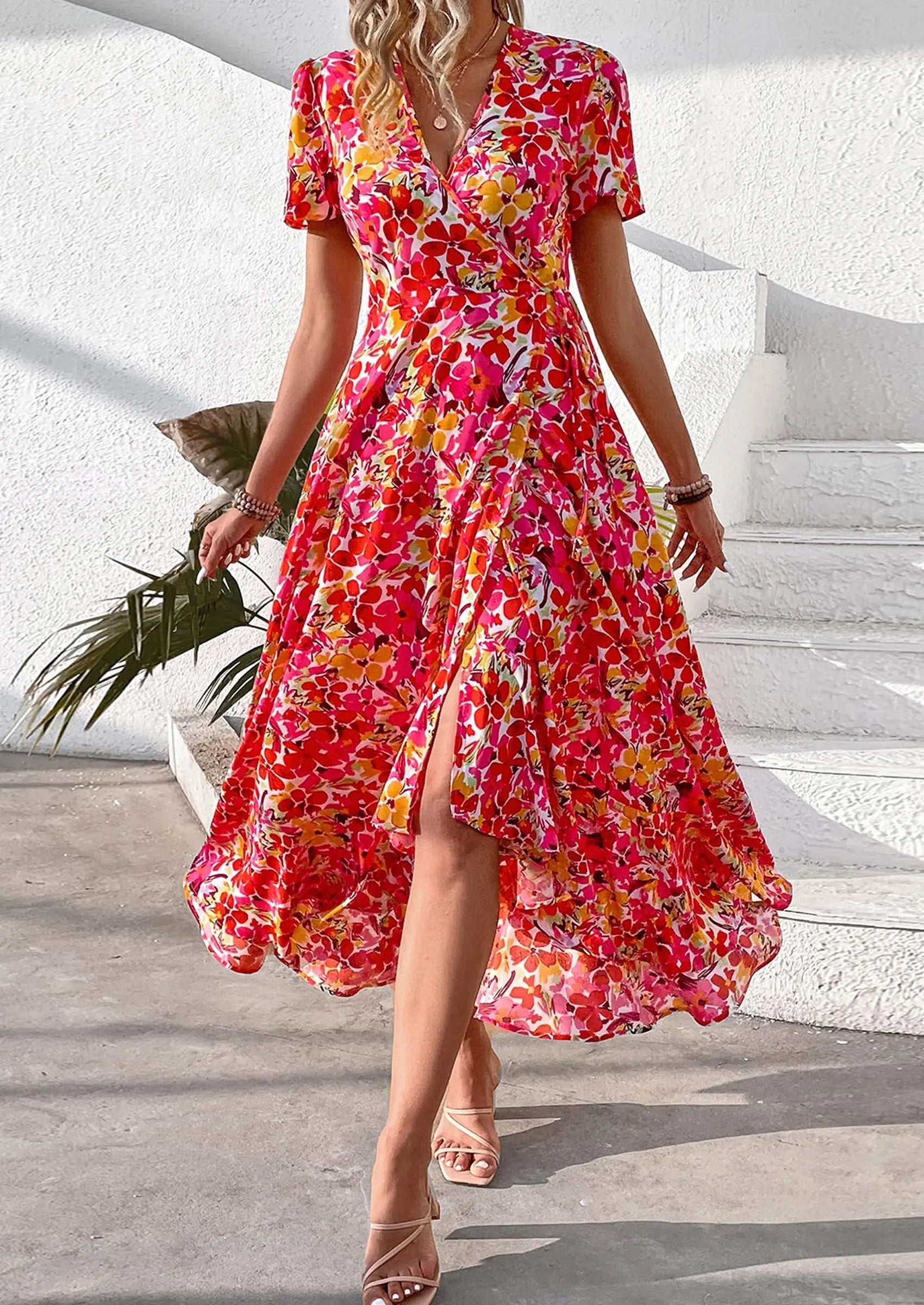 PRETTYGARDEN Women's Summer Maxi Dress Casual Wrap Floral Boho Short Sleeve V Neck Split Ruffle Beach Long Dresses