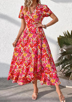 PRETTYGARDEN Women's Summer Maxi Dress Casual Wrap Floral Boho Short Sleeve V Neck Split Ruffle Beach Long Dresses