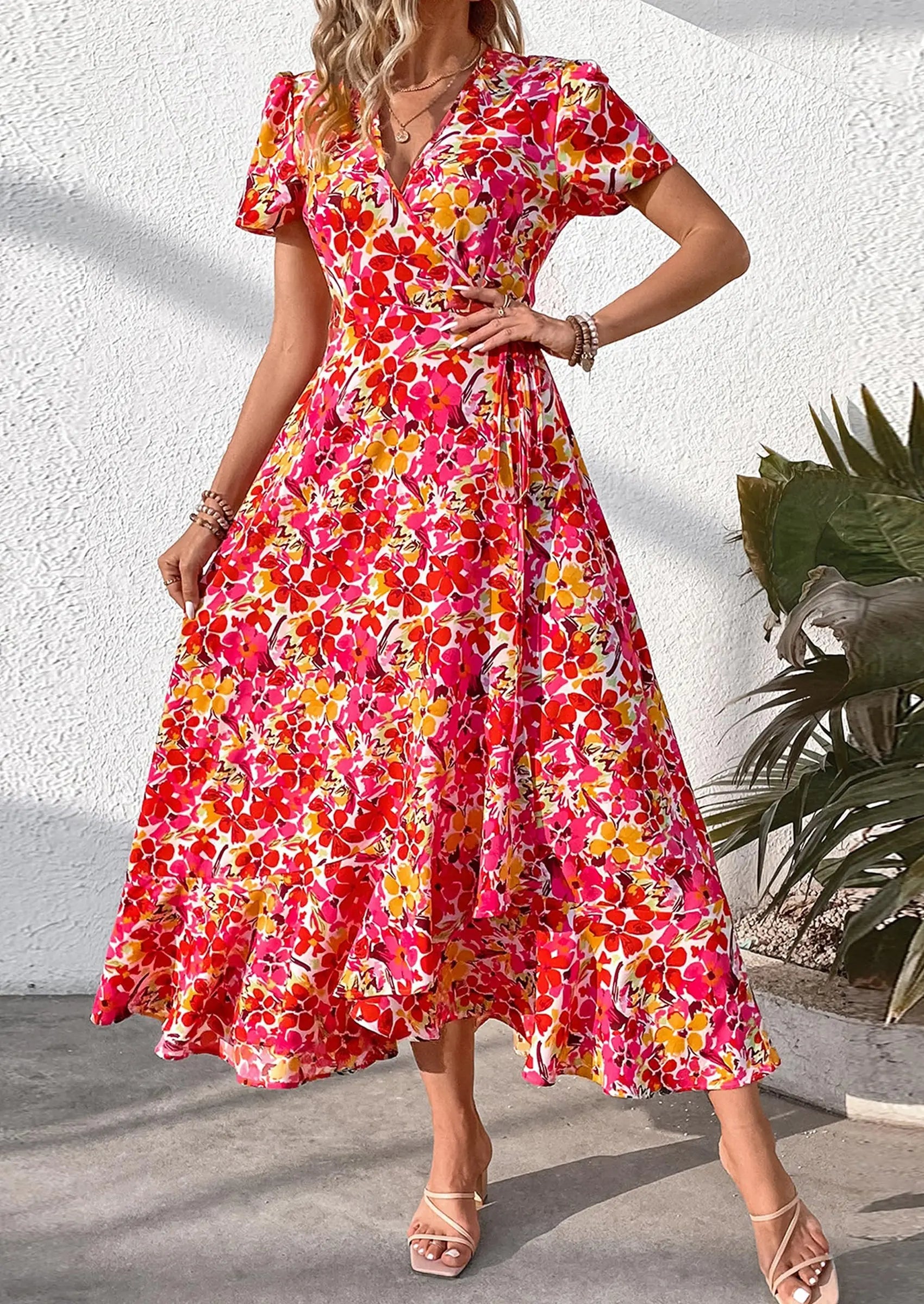 PRETTYGARDEN Women's Summer Maxi Dress Casual Wrap Floral Boho Short Sleeve V Neck Split Ruffle Beach Long Dresses