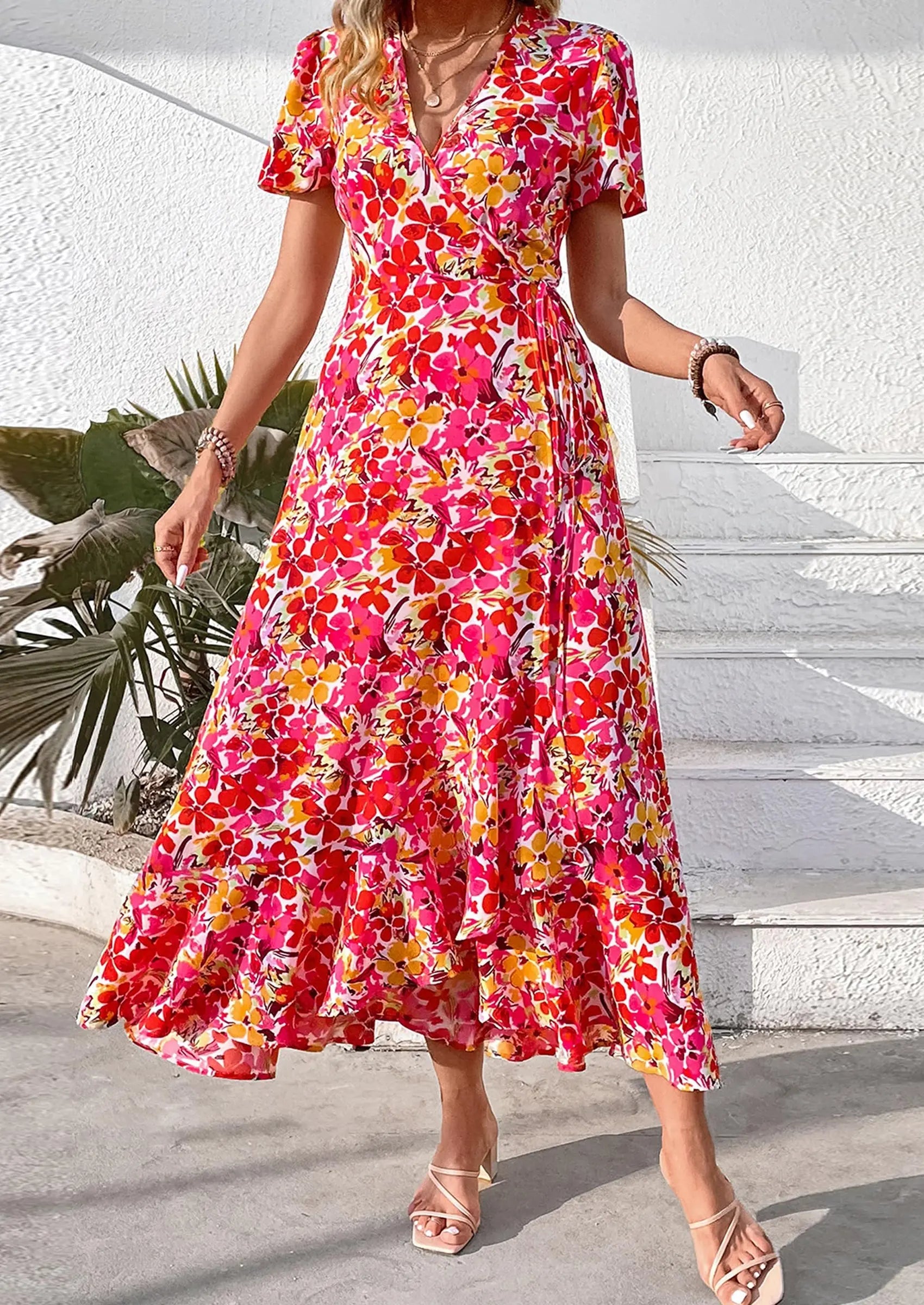 PRETTYGARDEN Women's Summer Maxi Dress Casual Wrap Floral Boho Short Sleeve V Neck Split Ruffle Beach Long Dresses