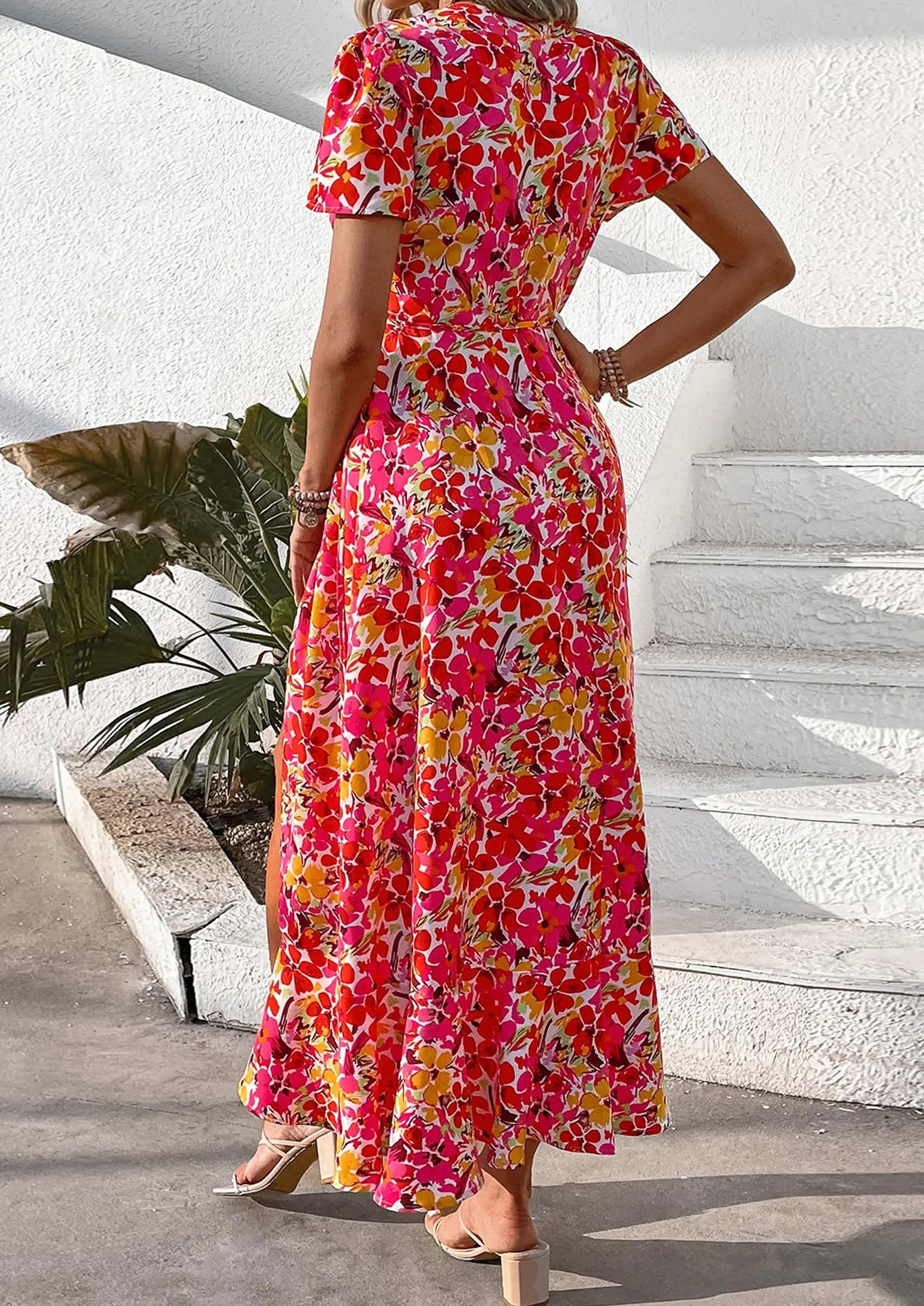 PRETTYGARDEN Women's Summer Maxi Dress Casual Wrap Floral Boho Short Sleeve V Neck Split Ruffle Beach Long Dresses