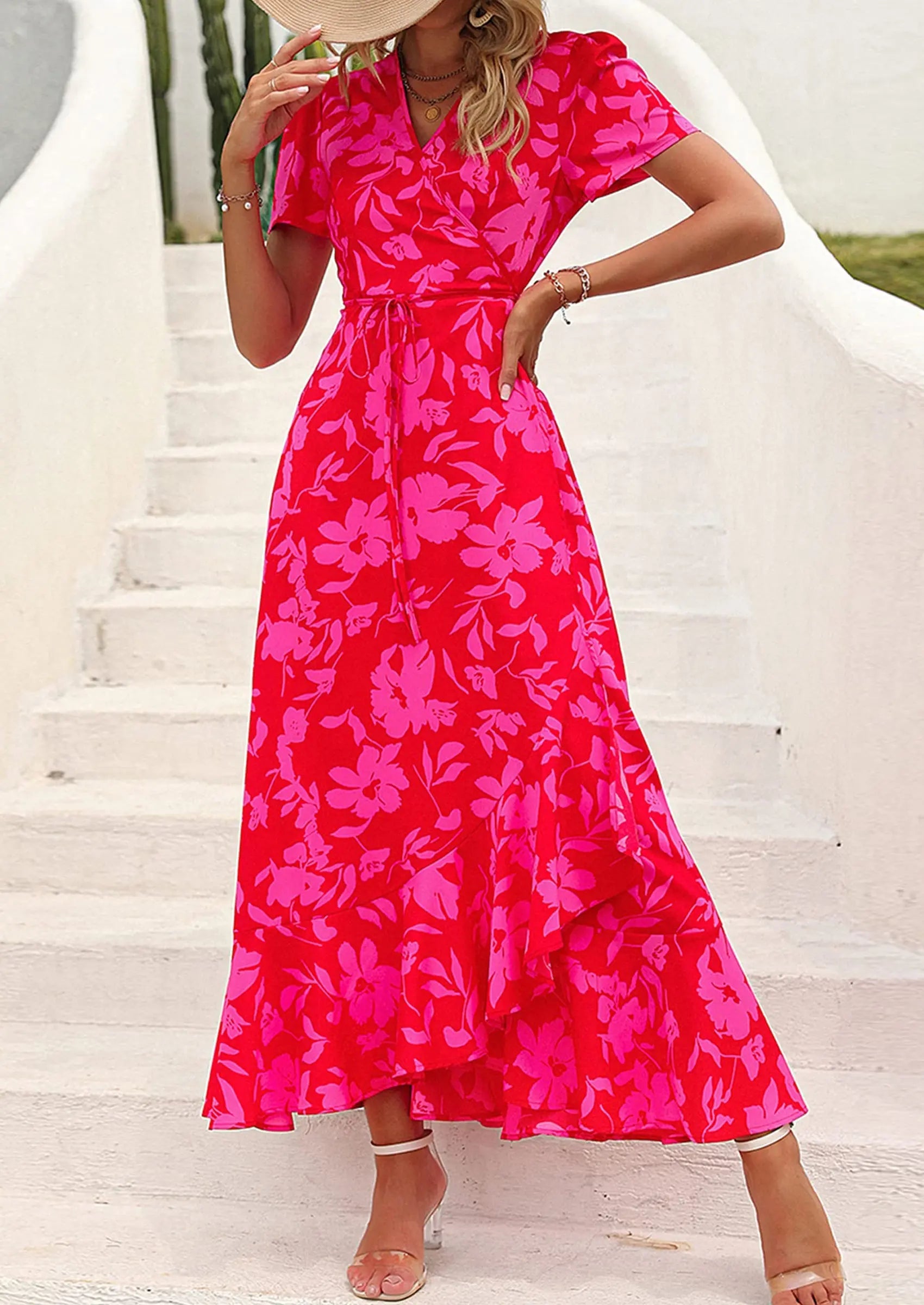 PRETTYGARDEN Women's Summer Maxi Dress Casual Wrap Floral Boho Short Sleeve V Neck Split Ruffle Beach Long Dresses