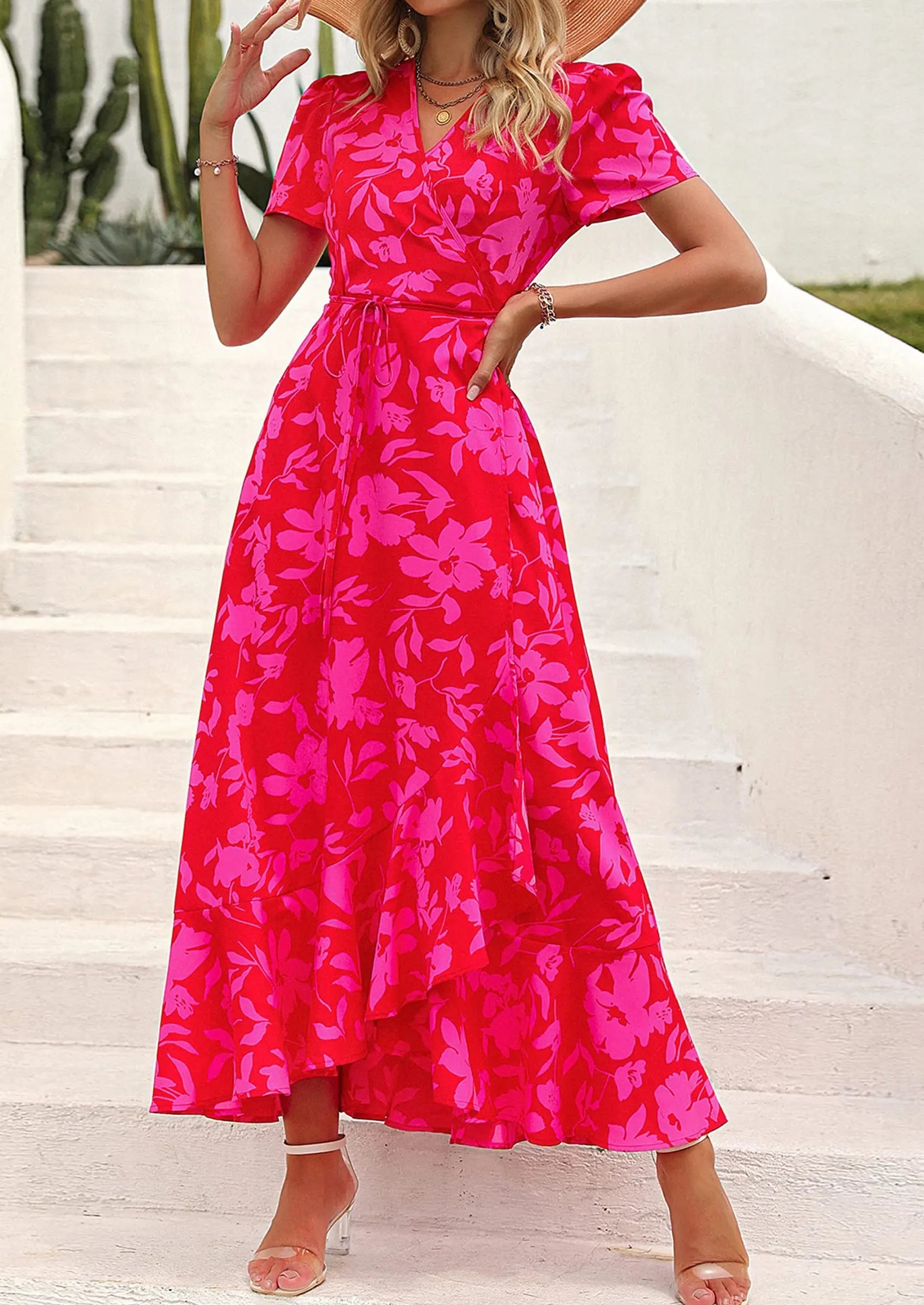 PRETTYGARDEN Women's Summer Maxi Dress Casual Wrap Floral Boho Short Sleeve V Neck Split Ruffle Beach Long Dresses