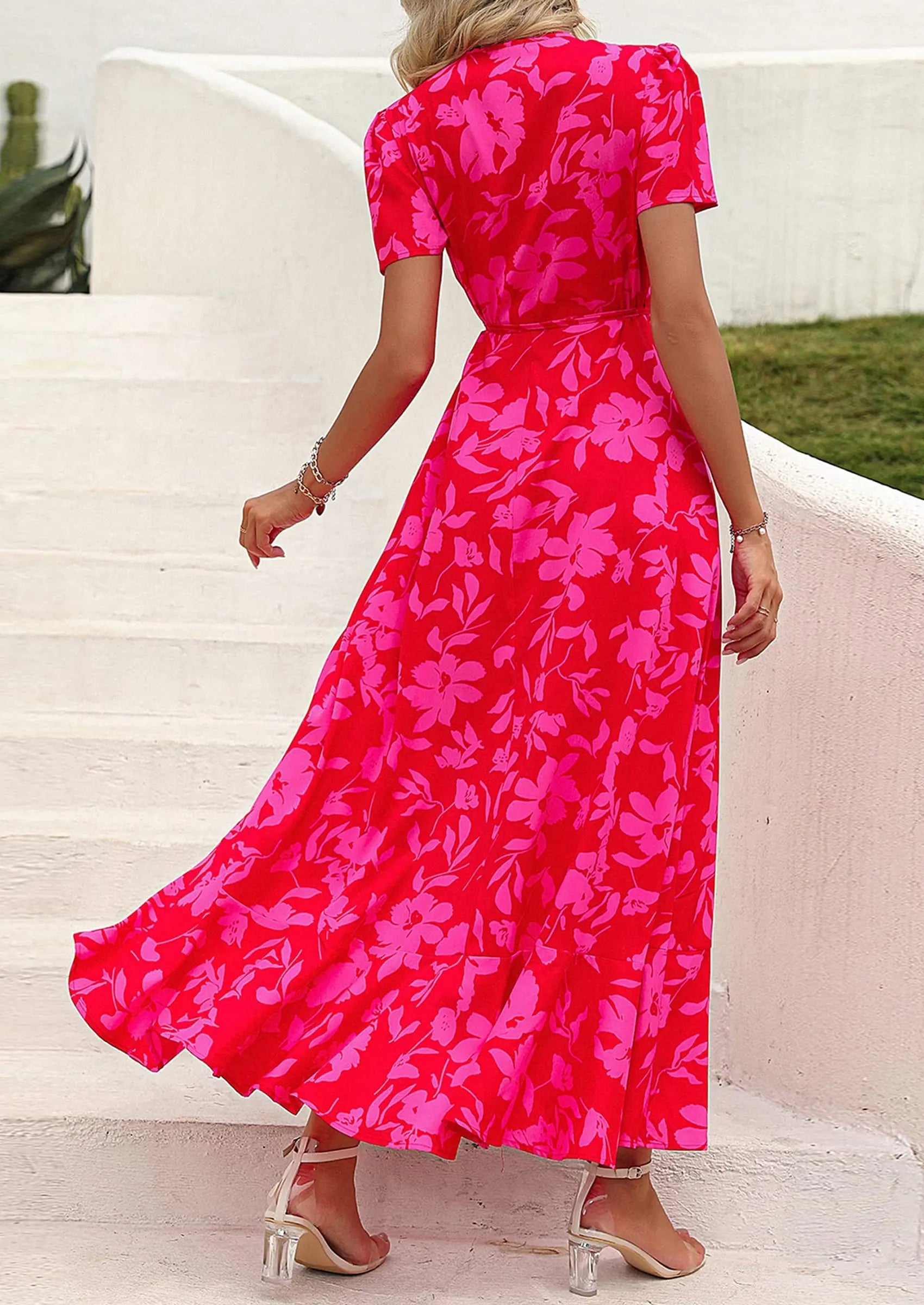 PRETTYGARDEN Women's Summer Maxi Dress Casual Wrap Floral Boho Short Sleeve V Neck Split Ruffle Beach Long Dresses