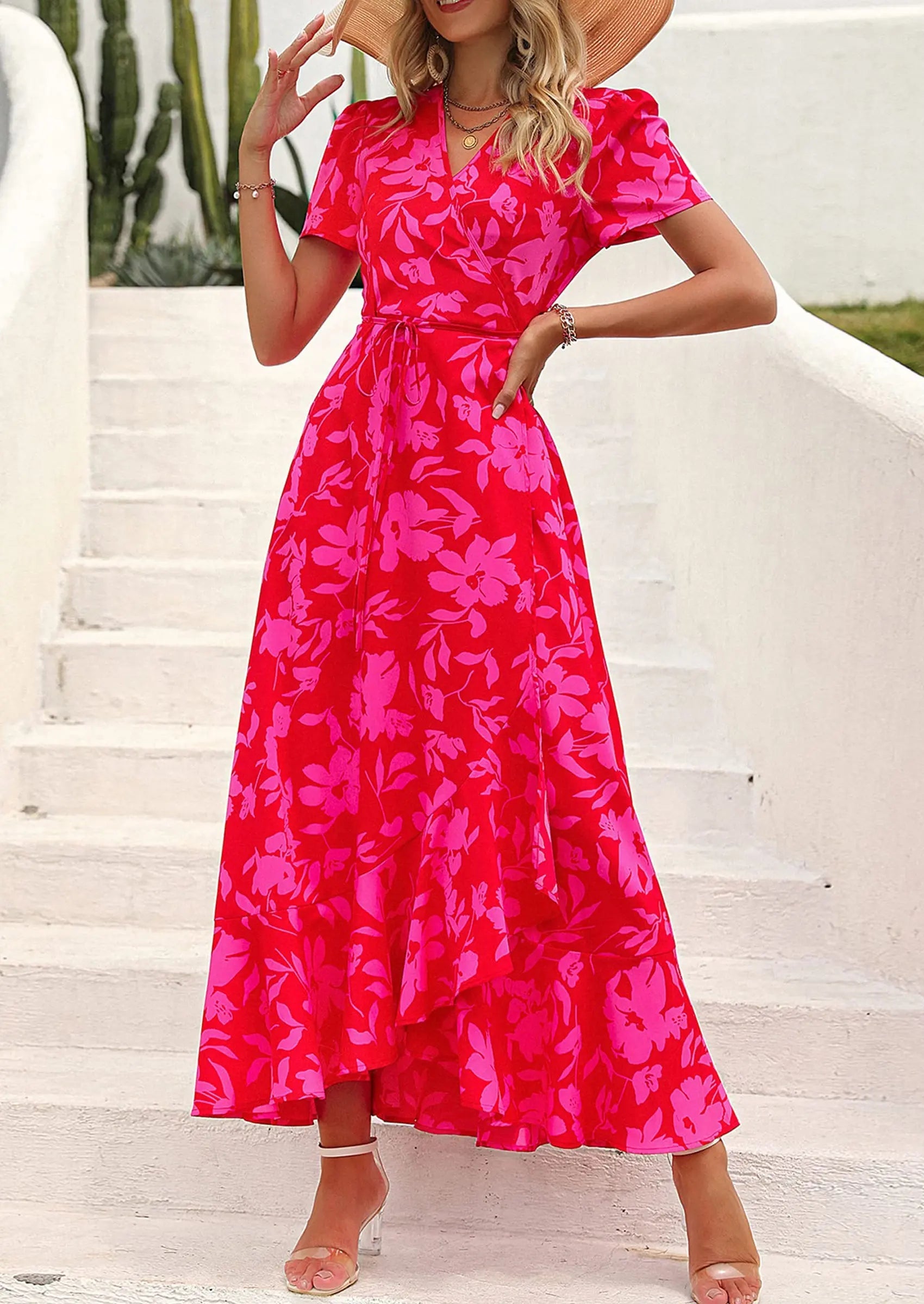 PRETTYGARDEN Women's Summer Maxi Dress Casual Wrap Floral Boho Short Sleeve V Neck Split Ruffle Beach Long Dresses