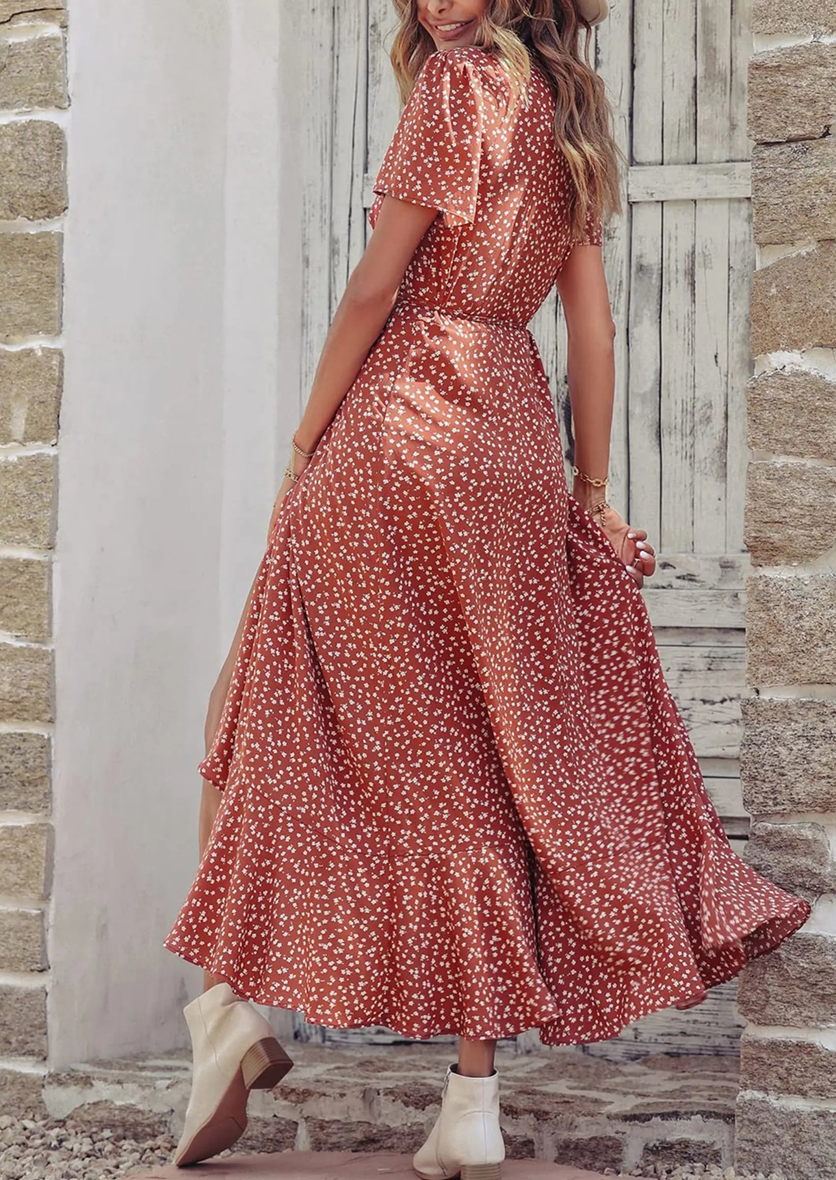 PRETTYGARDEN Women's Summer Maxi Dress Casual Wrap Floral Boho Short Sleeve V Neck Split Ruffle Beach Long Dresses