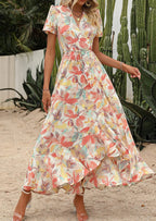 PRETTYGARDEN Women's Summer Maxi Dress Casual Wrap Floral Boho Short Sleeve V Neck Split Ruffle Beach Long Dresses