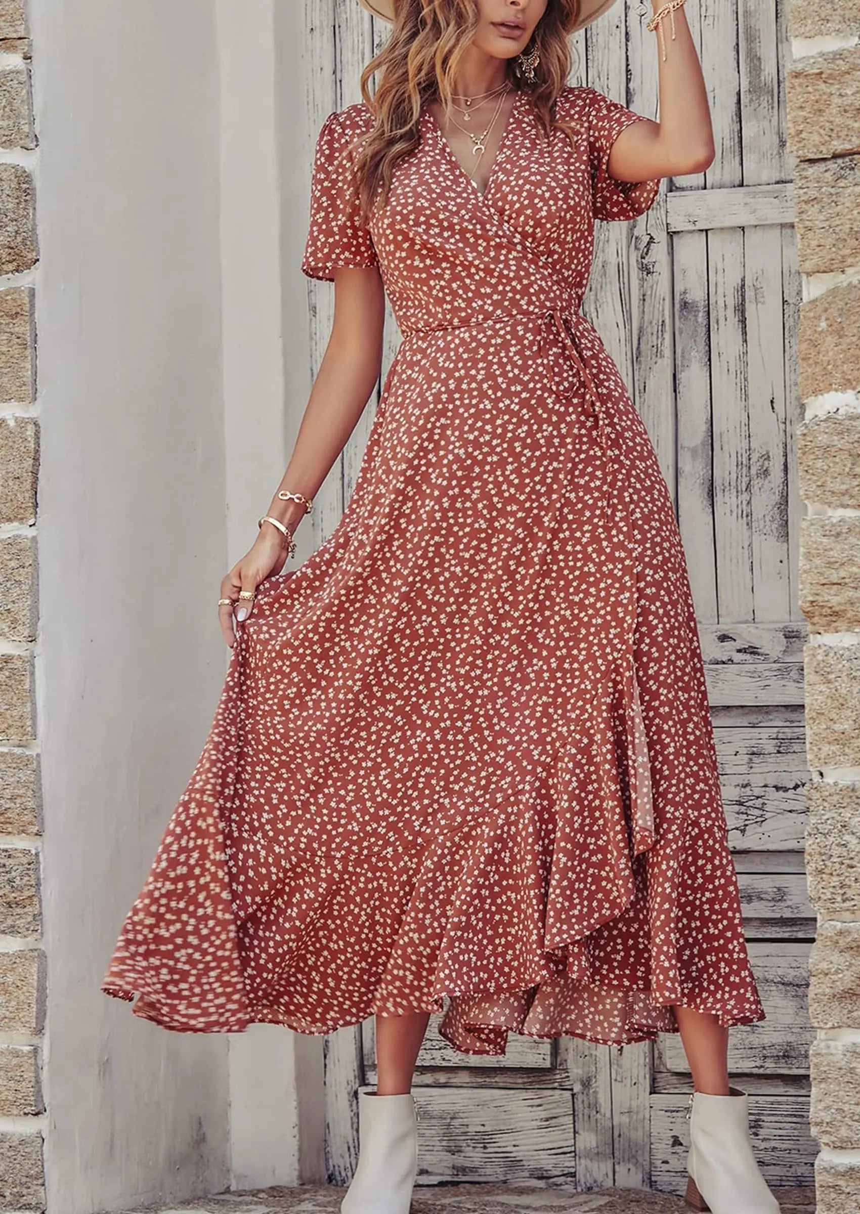 PRETTYGARDEN Women's Summer Maxi Dress Casual Wrap Floral Boho Short Sleeve V Neck Split Ruffle Beach Long Dresses