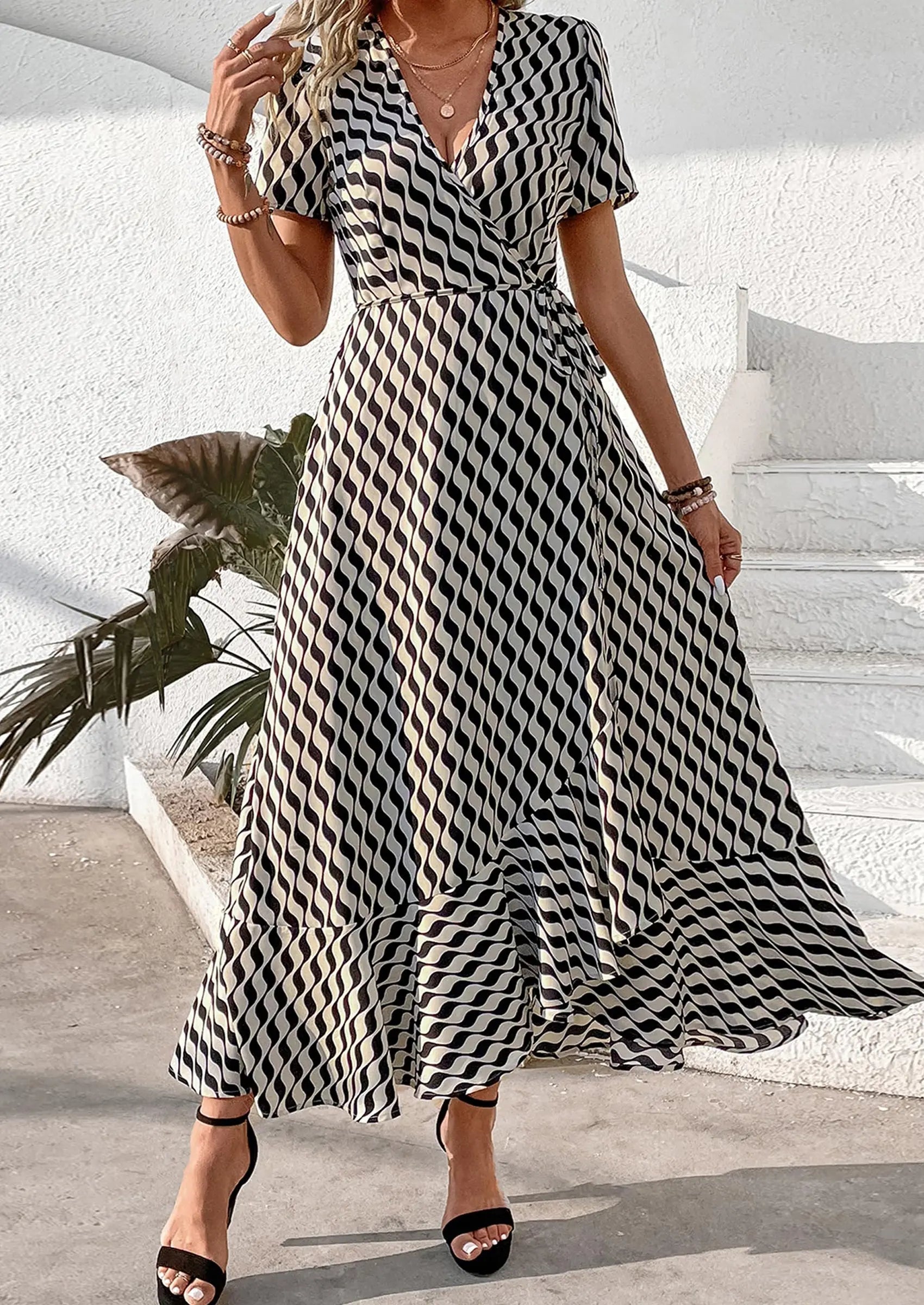 PRETTYGARDEN Women's Summer Maxi Dress Casual Wrap Floral Boho Short Sleeve V Neck Split Ruffle Beach Long Dresses