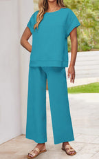 PRETTYGARDEN 2 Piece Outfits For Women Casual Tracksuit Short Sleeve Tops And Wide Leg Long Pants Matching Lounge Sets