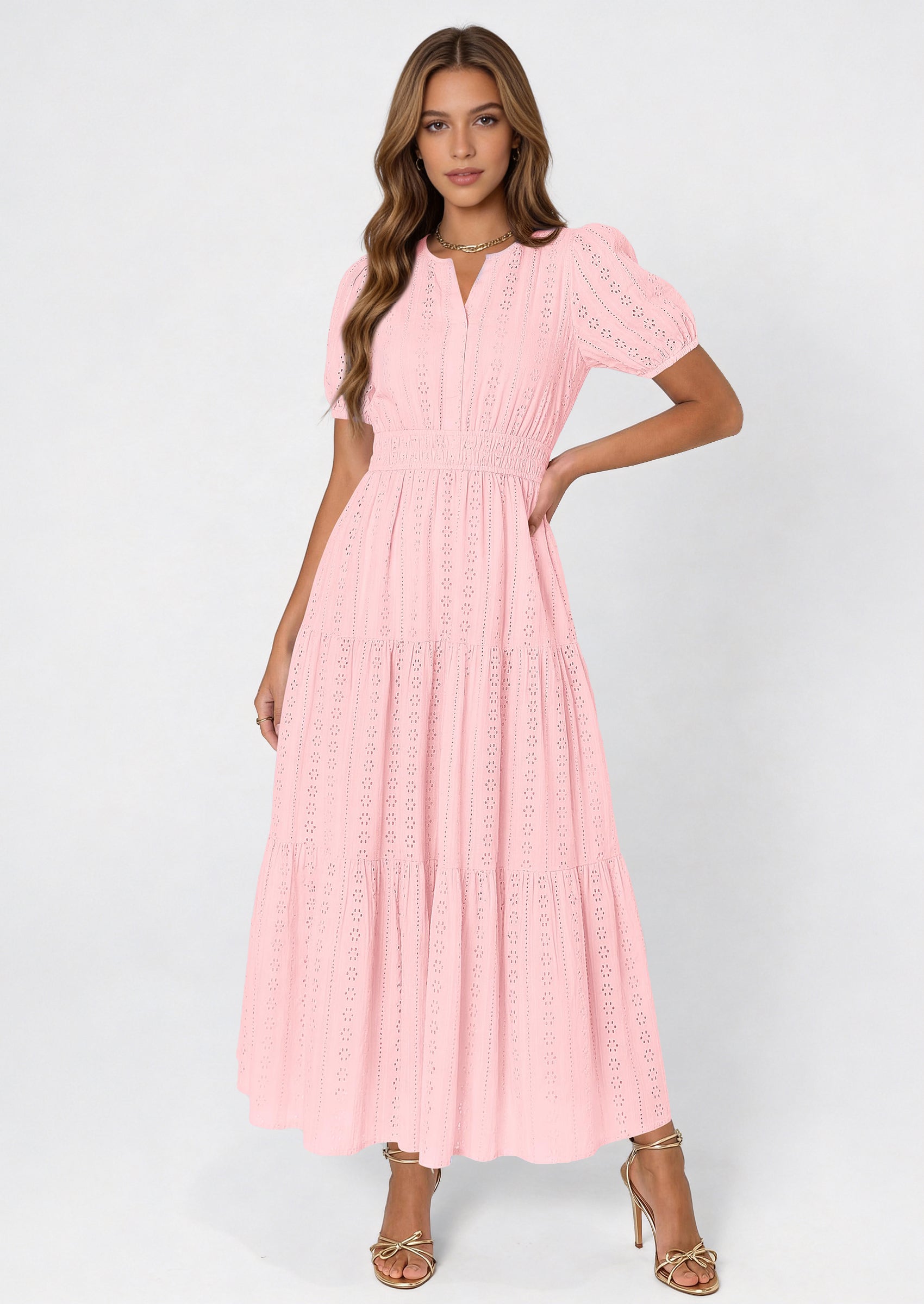 PRETTYGARDEN Womens Summer Maxi Dresses Casual Puff Sleeve V Neck Smocked Flowy Eyelet Cotton Dress Spring Sundress