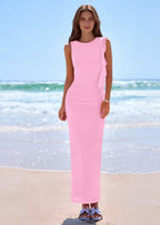 PRETTYGARDEN Women's Summer Maxi Dresses Sleeveless Ruffle Formal Wedding Guest Cocktail Mesh Bodycon Split Long Dress