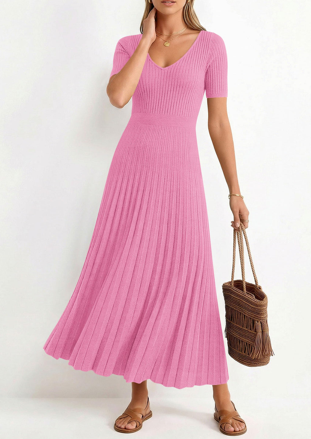 PRETTYGARDEN Women's Spring Midi Sweater Dresses Elegant Pleated Ribbed Knit Short Sleeve V Neck A Line Summer Outfits