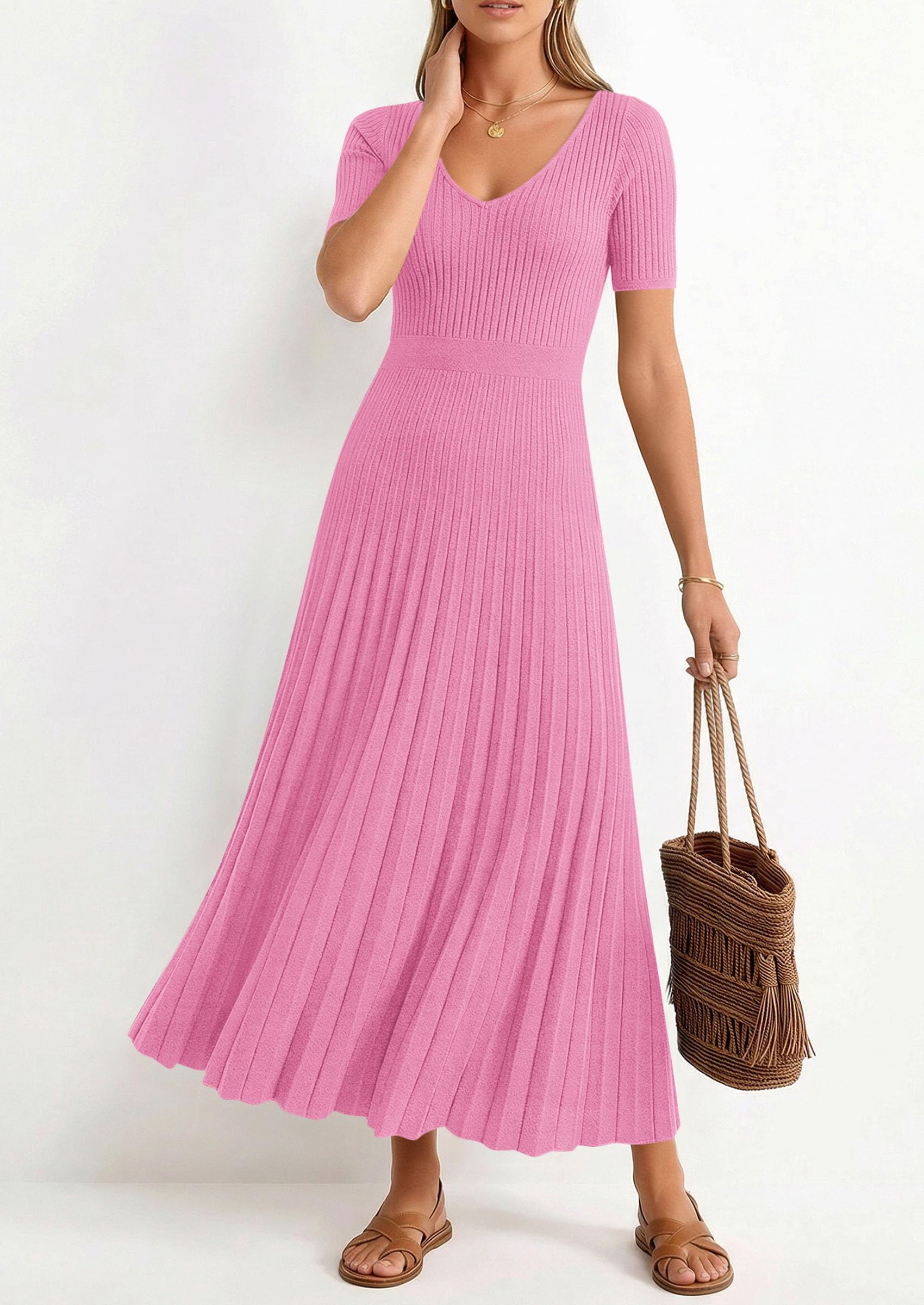 PRETTYGARDEN Women's Spring Midi Sweater Dresses Elegant Pleated Ribbed Knit Short Sleeve V Neck A Line Summer Outfits