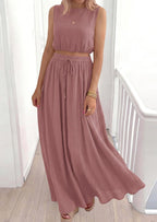 PRETTYGARDEN 2 Piece Sets for Women Summer Outfits Fashion Cotton Sleeveless Crop Top Long Maxi Skirt Set with Pockets