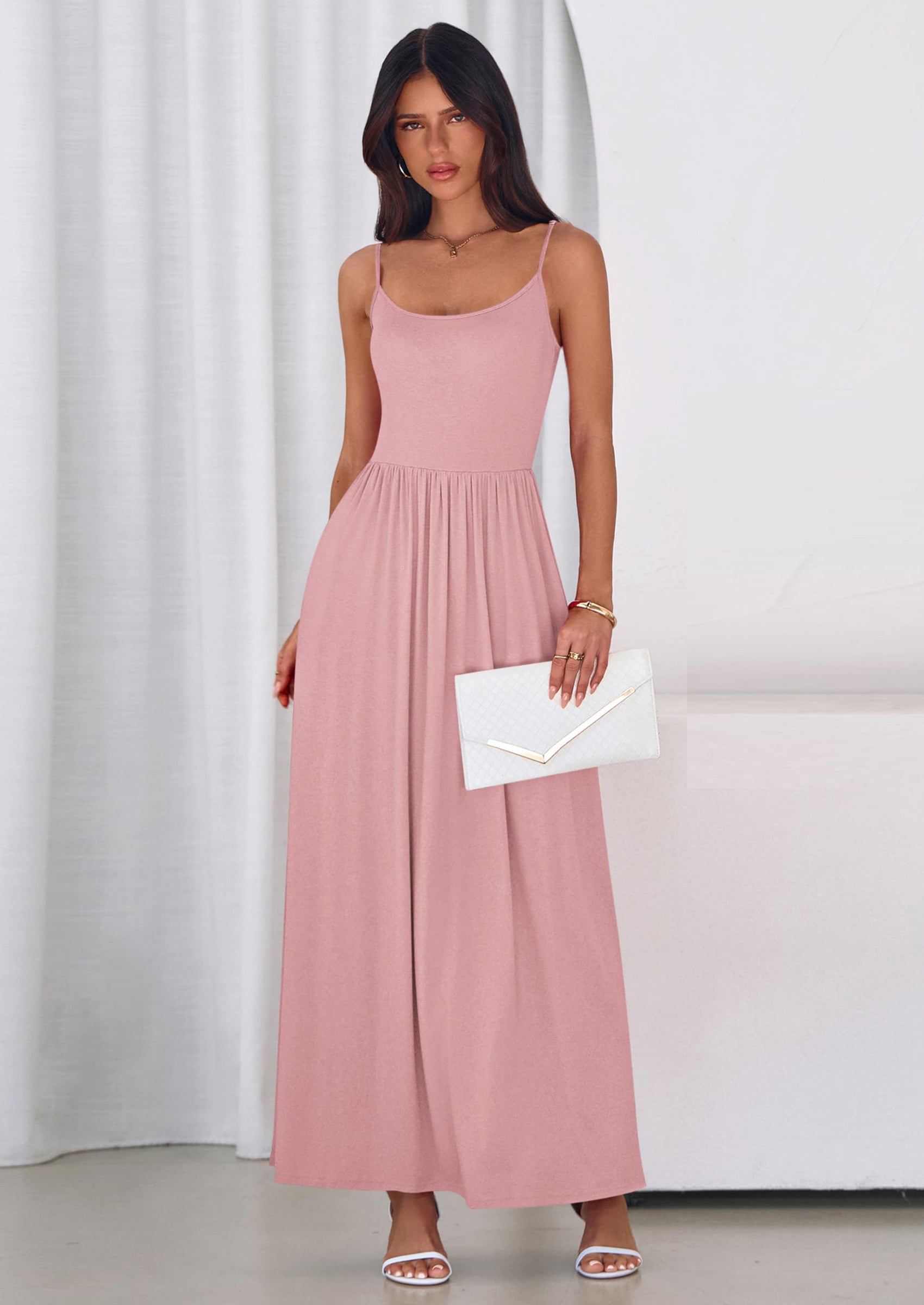 PRETTYGARDEN Womens Spaghetti Strap Maxi Dresses Sleeveless Summer Dress Long Casual Knit Flowy Beach Sundresses with Pockets