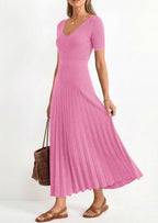 PRETTYGARDEN Women's Spring Midi Sweater Dresses Elegant Pleated Ribbed Knit Short Sleeve V Neck A Line Summer Outfits