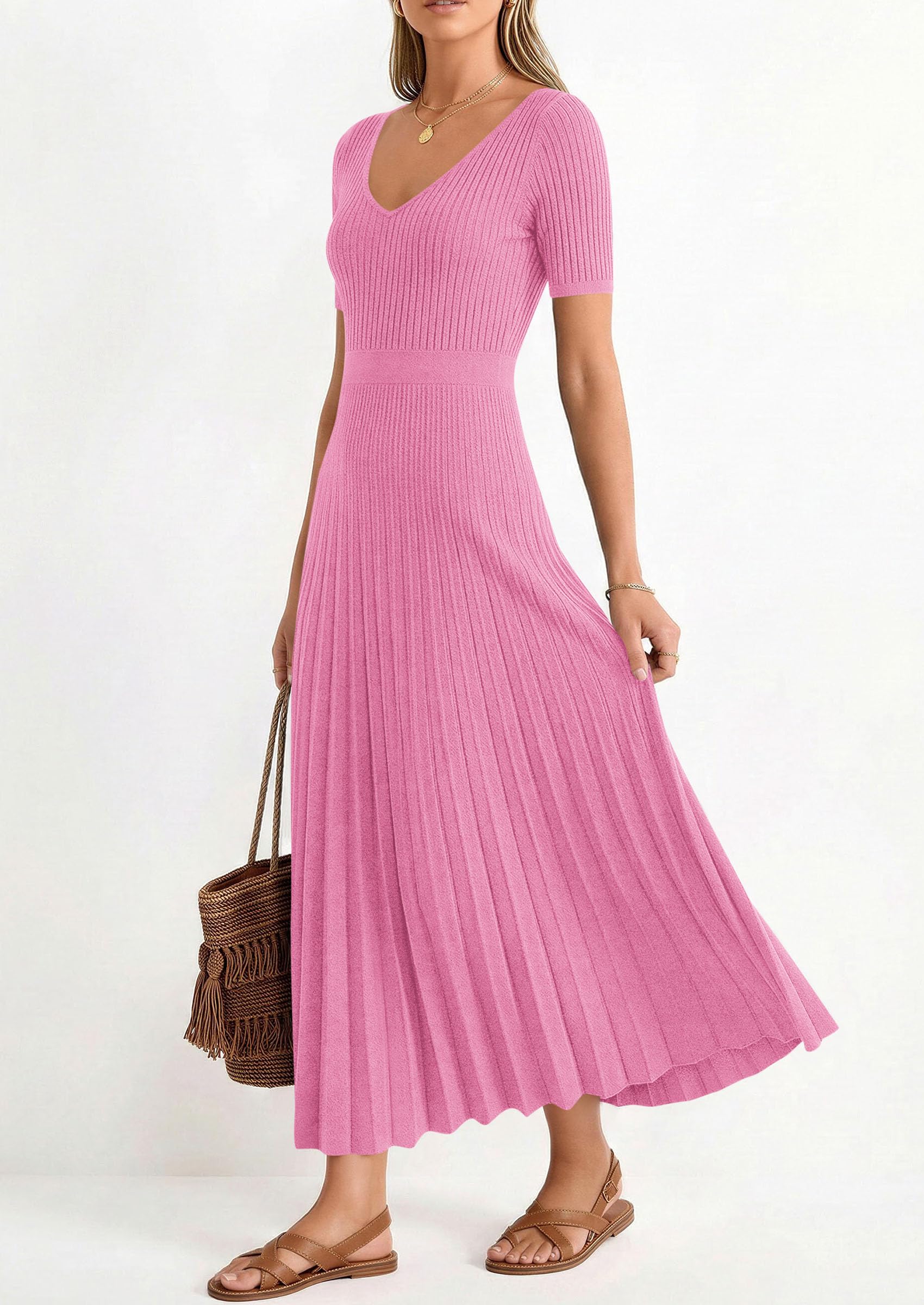 PRETTYGARDEN Women's Spring Midi Sweater Dresses Elegant Pleated Ribbed Knit Short Sleeve V Neck A Line Summer Outfits