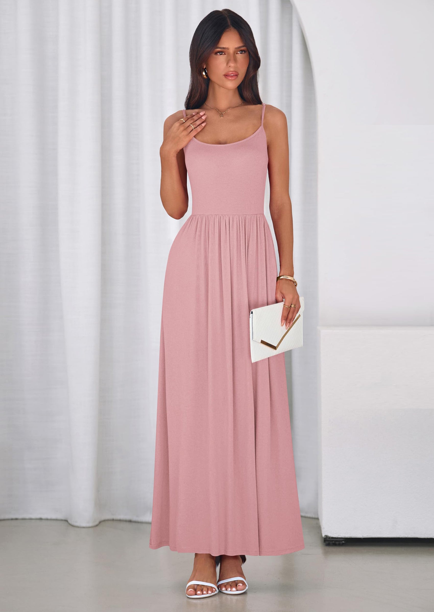 PRETTYGARDEN Womens Spaghetti Strap Maxi Dresses Sleeveless Summer Dress Long Casual Knit Flowy Beach Sundresses with Pockets
