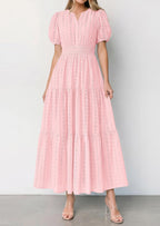 PRETTYGARDEN Womens Summer Maxi Dresses Casual Puff Sleeve V Neck Smocked Flowy Eyelet Cotton Dress Spring Sundress