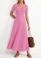 PRETTYGARDEN Women's Spring Midi Sweater Dresses Elegant Pleated Ribbed Knit Short Sleeve V Neck A Line Summer Outfits