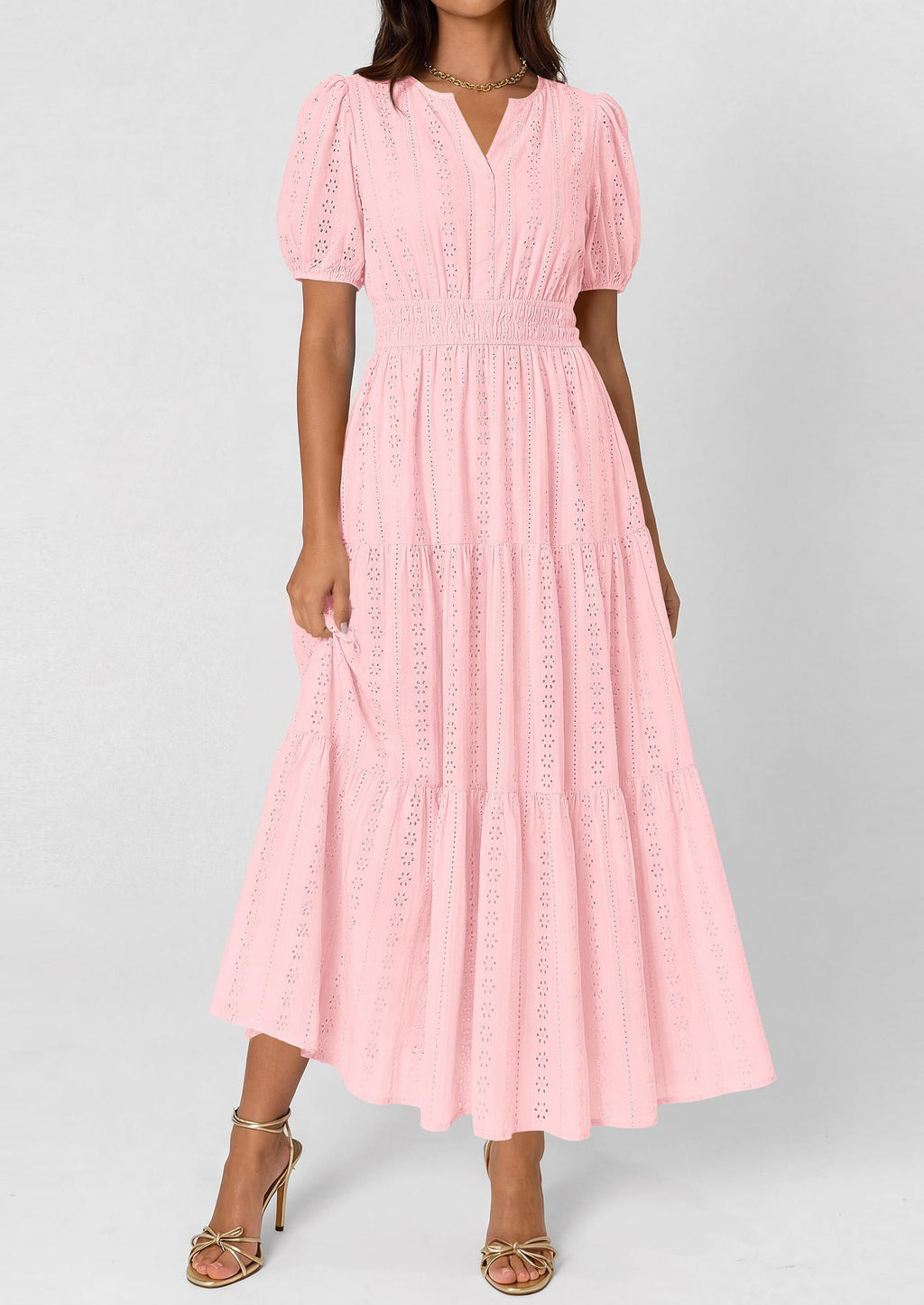 PRETTYGARDEN Womens Summer Maxi Dresses Casual Puff Sleeve V Neck Smocked Flowy Eyelet Cotton Dress Spring Sundress