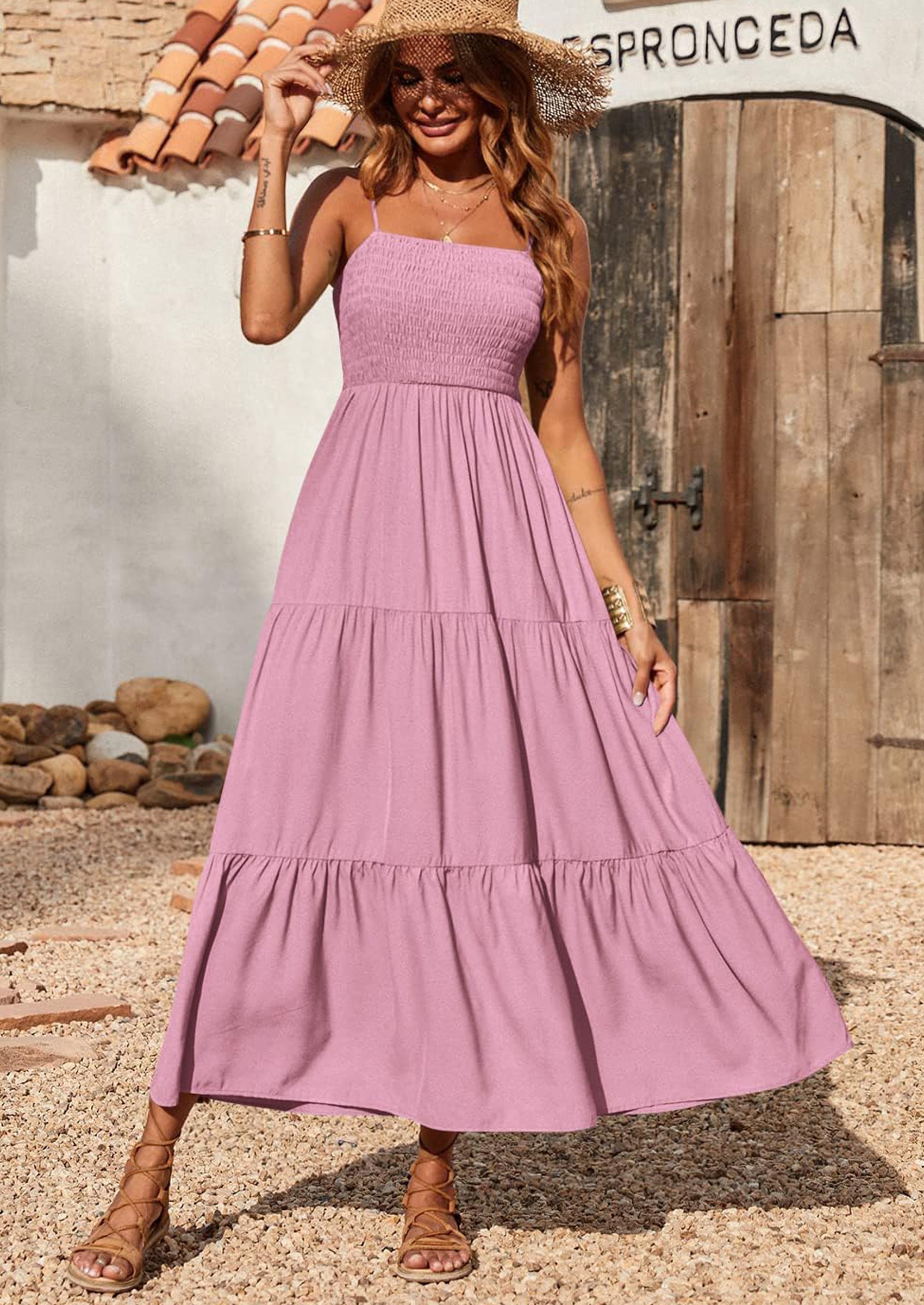 PRETTYGARDEN Women's Summer Maxi Dress Casual Boho Sleeveless Spaghetti Strap Smocked Tiered Long Beach Sundresses