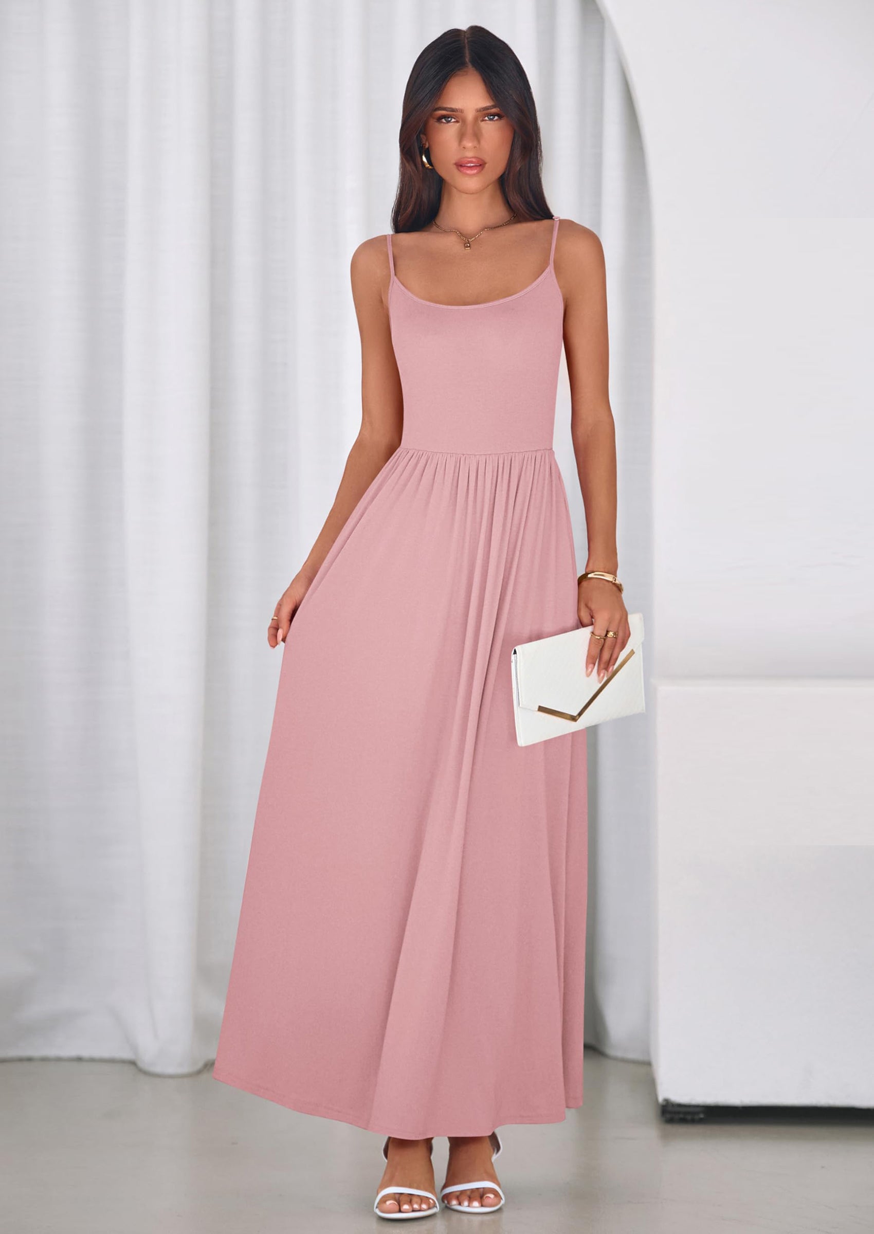 PRETTYGARDEN Womens Spaghetti Strap Maxi Dresses Sleeveless Summer Dress Long Casual Knit Flowy Beach Sundresses with Pockets