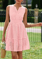 PRETTYGARDEN Women's Summer Dresses Sleeveless V Neck Eyelet Hollow Out Swing A Line Beach Vacation Sun Dress