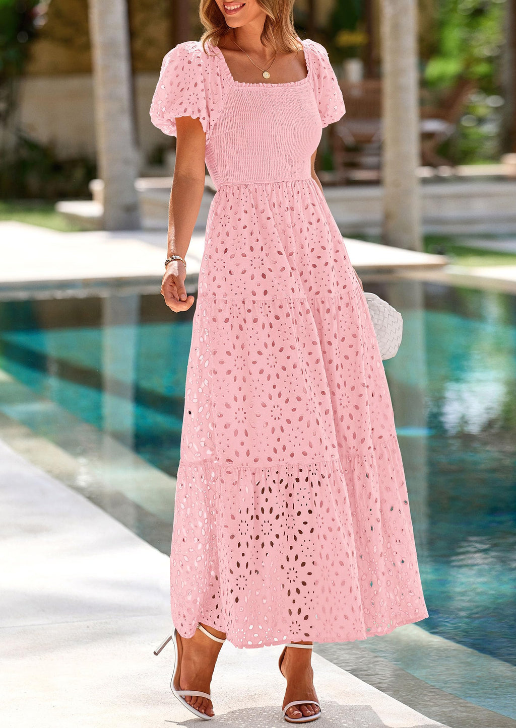 PRETTYGARDEN Dresses for Women Eyelet Square Neck Puff Sleeve Smocked Wedding Guest Maxi Dress with Pockets