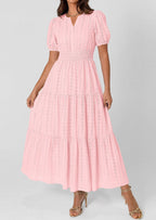 PRETTYGARDEN Womens Summer Maxi Dresses Casual Puff Sleeve V Neck Smocked Flowy Eyelet Cotton Dress Spring Sundress