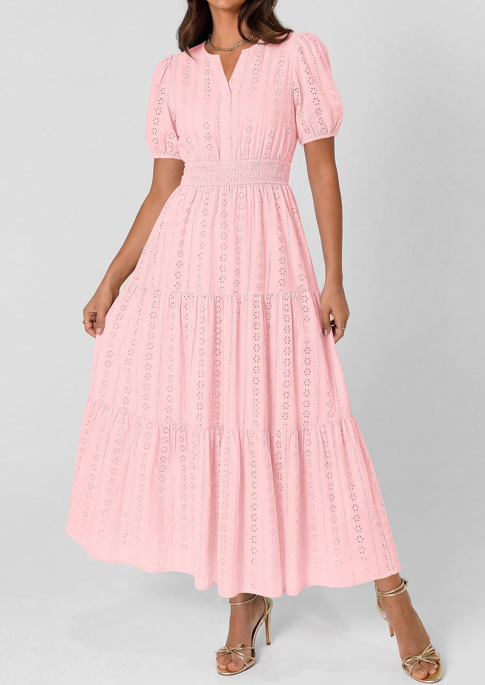 PRETTYGARDEN Womens Summer Maxi Dresses Casual Puff Sleeve V Neck Smocked Flowy Eyelet Cotton Dress Spring Sundress
