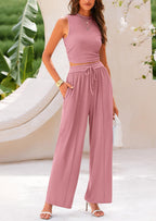 PRETTYGARDEN 2 Piece Sets Sleeveless Tank Ribbed Travel Vacation Lounge Wear Outfits