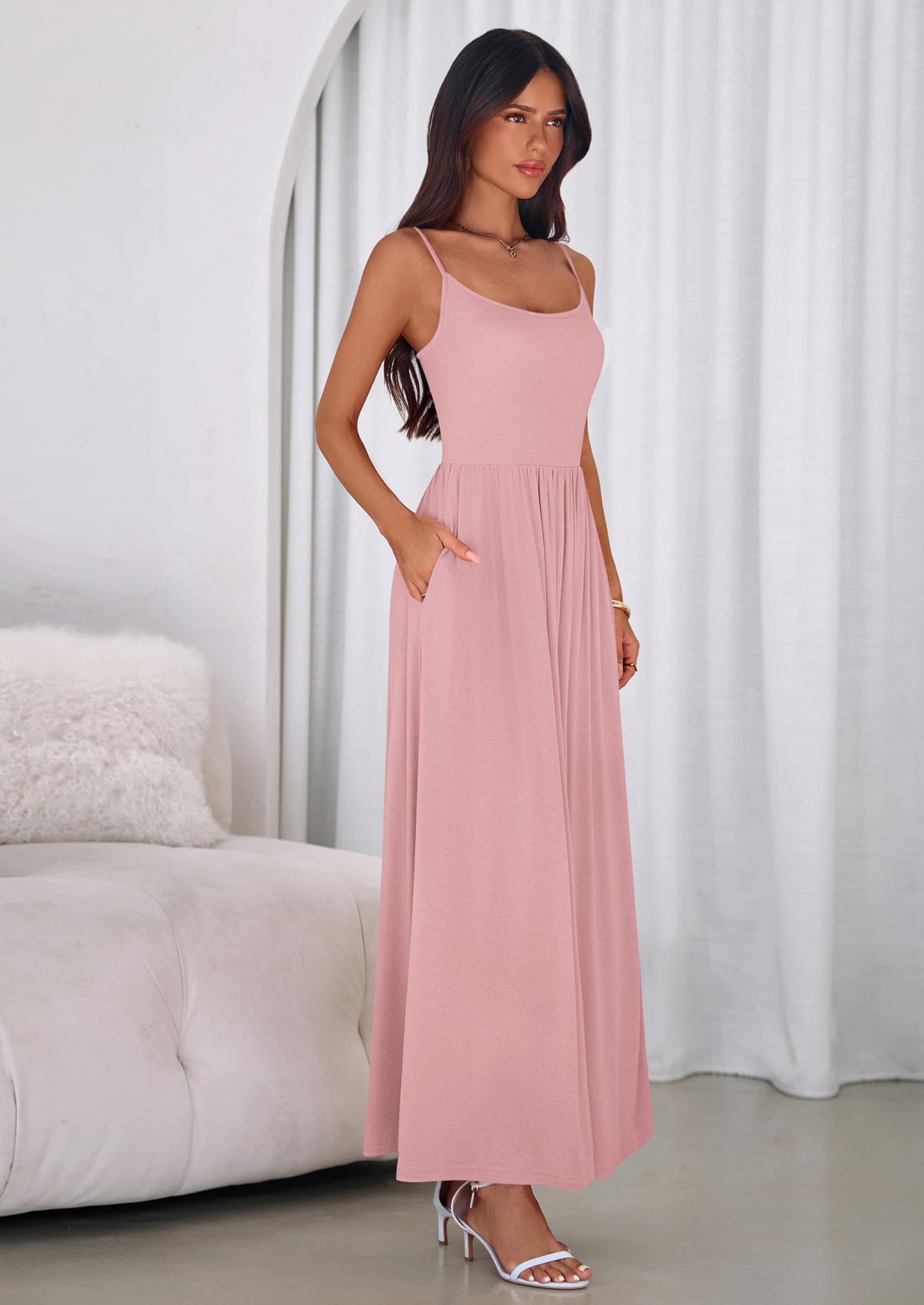 PRETTYGARDEN Womens Spaghetti Strap Maxi Dresses Sleeveless Summer Dress Long Casual Knit Flowy Beach Sundresses with Pockets