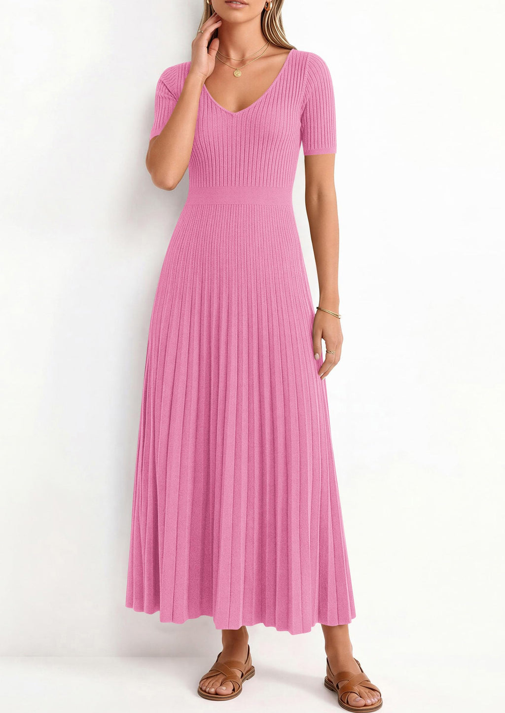 PRETTYGARDEN Women's Spring Midi Sweater Dresses Elegant Pleated Ribbed Knit Short Sleeve V Neck A Line Summer Outfits