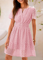 PRETTYGARDEN Women Summer Short Dress V Neck Short Sleeve A Line Hollow Out Lace Ruffle Cute Casual Beach Party Dresses