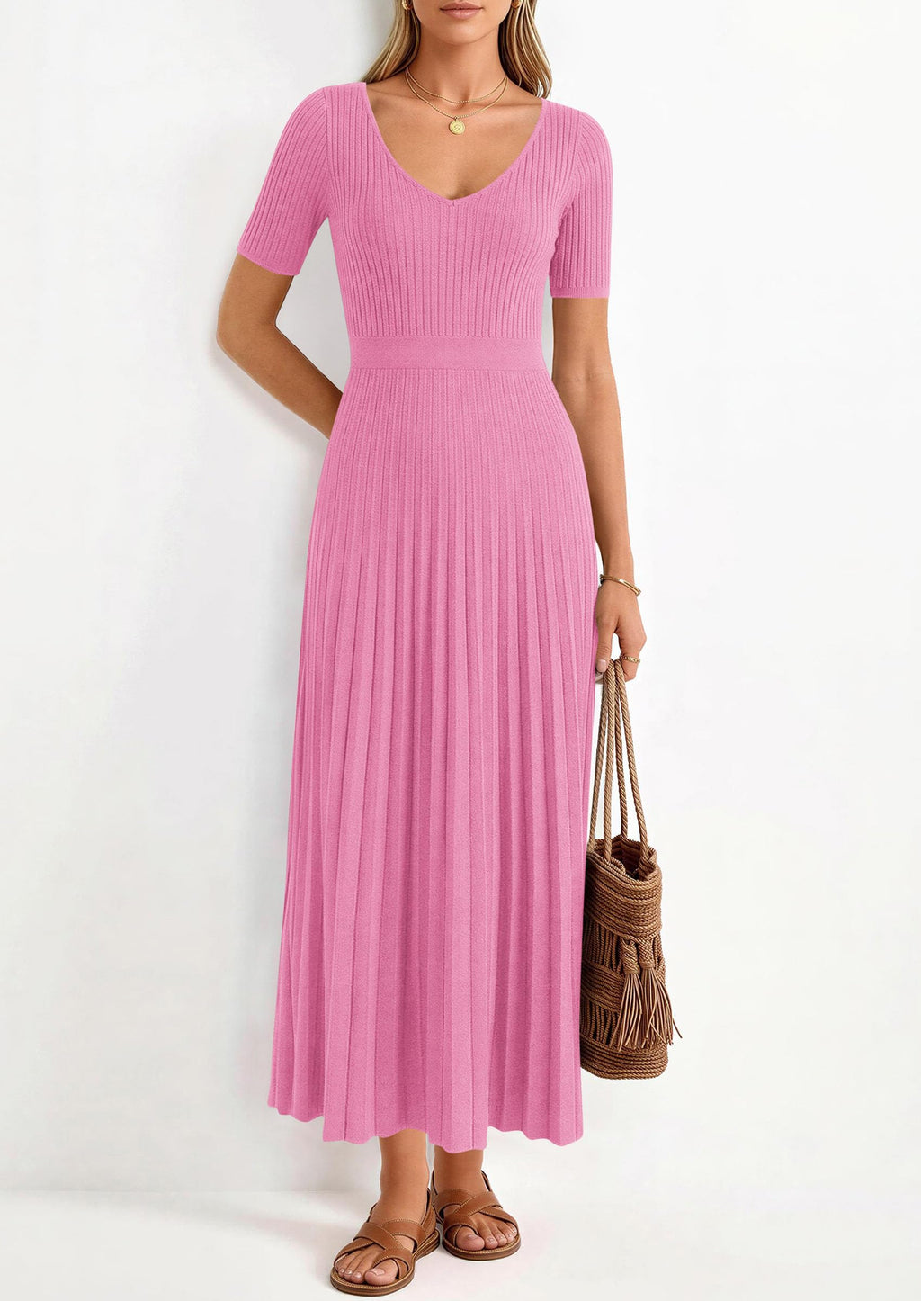 PRETTYGARDEN Women's Spring Midi Sweater Dresses Elegant Pleated Ribbed Knit Short Sleeve V Neck A Line Summer Outfits