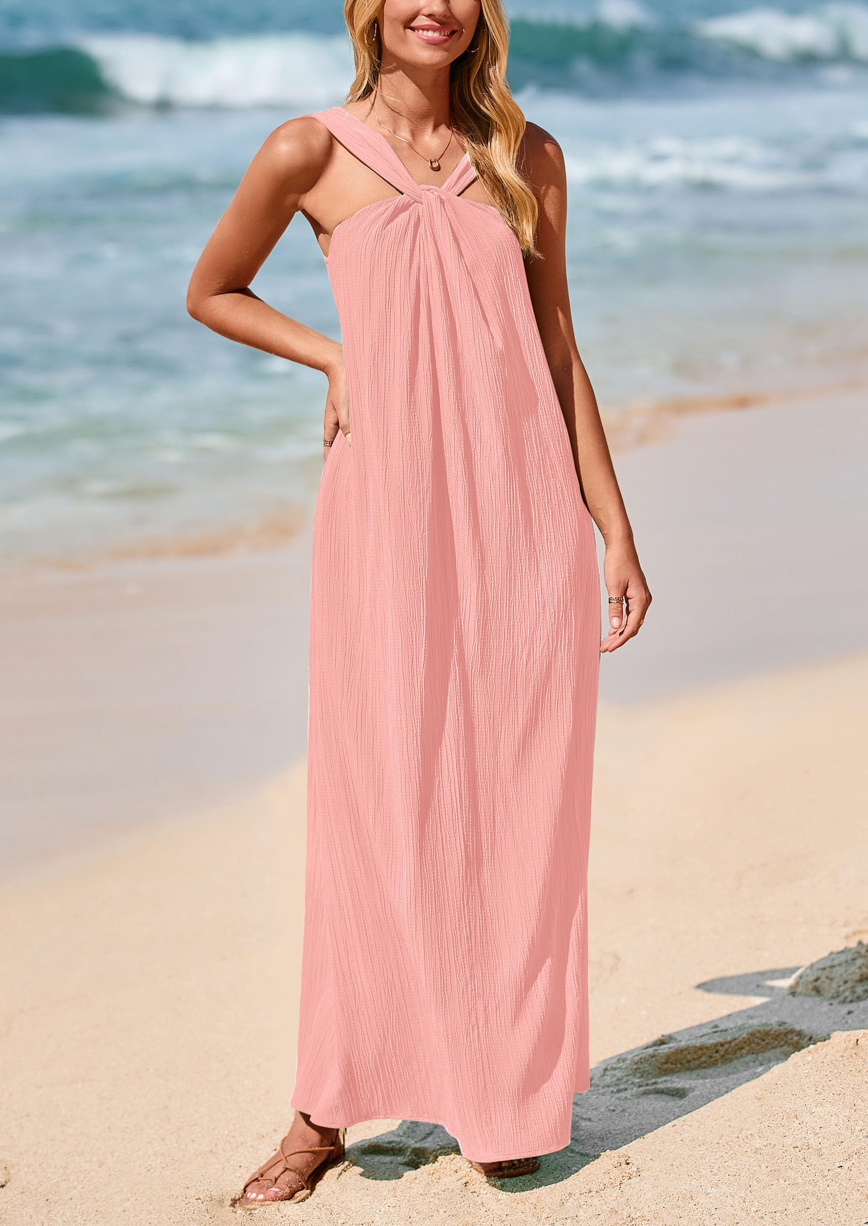 PRETTYGARDEN Womens Casual Long Summer Dresses Sleeveless Strappy Loose Flowy Beach Vacation Maxi Dress with Pockets