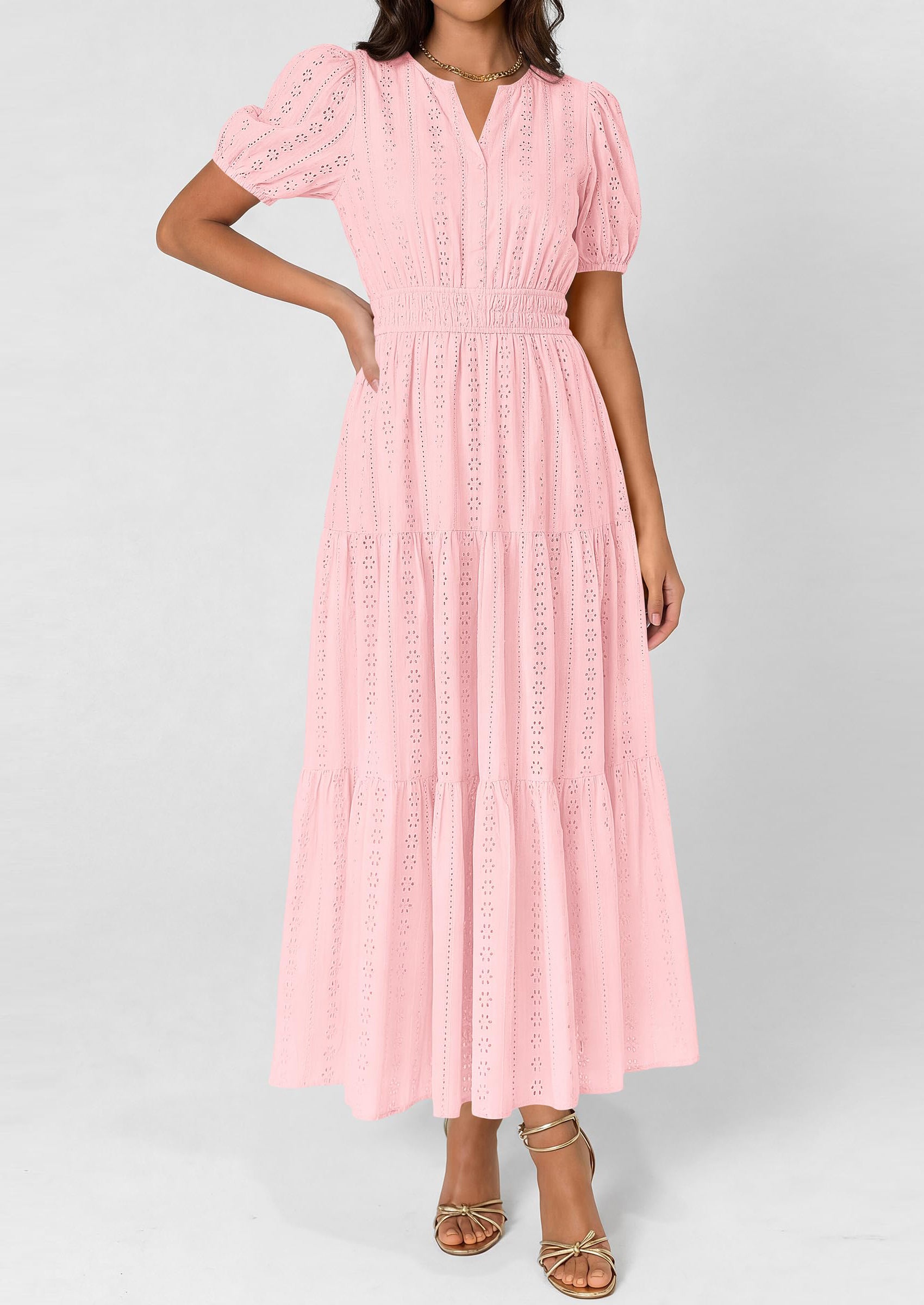 PRETTYGARDEN Womens Summer Maxi Dresses Casual Puff Sleeve V Neck Smocked Flowy Eyelet Cotton Dress Spring Sundress