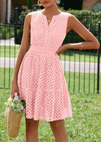 PRETTYGARDEN Women's Summer Dresses Sleeveless V Neck Eyelet Hollow Out Swing A Line Beach Vacation Sun Dress