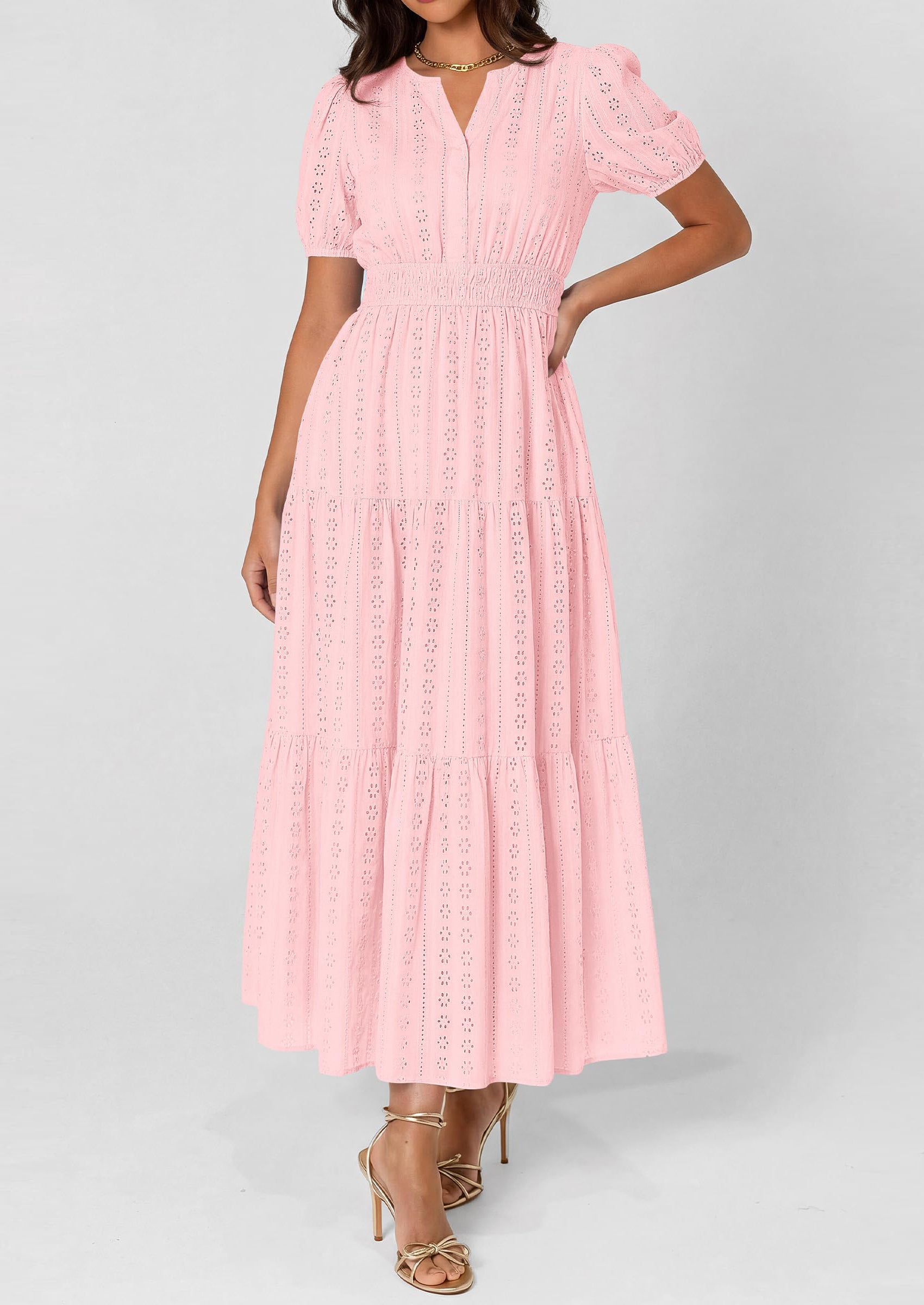 PRETTYGARDEN Womens Summer Maxi Dresses Casual Puff Sleeve V Neck Smocked Flowy Eyelet Cotton Dress Spring Sundress