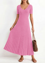 PRETTYGARDEN Women's Spring Midi Sweater Dresses Elegant Pleated Ribbed Knit Short Sleeve V Neck A Line Summer Outfits