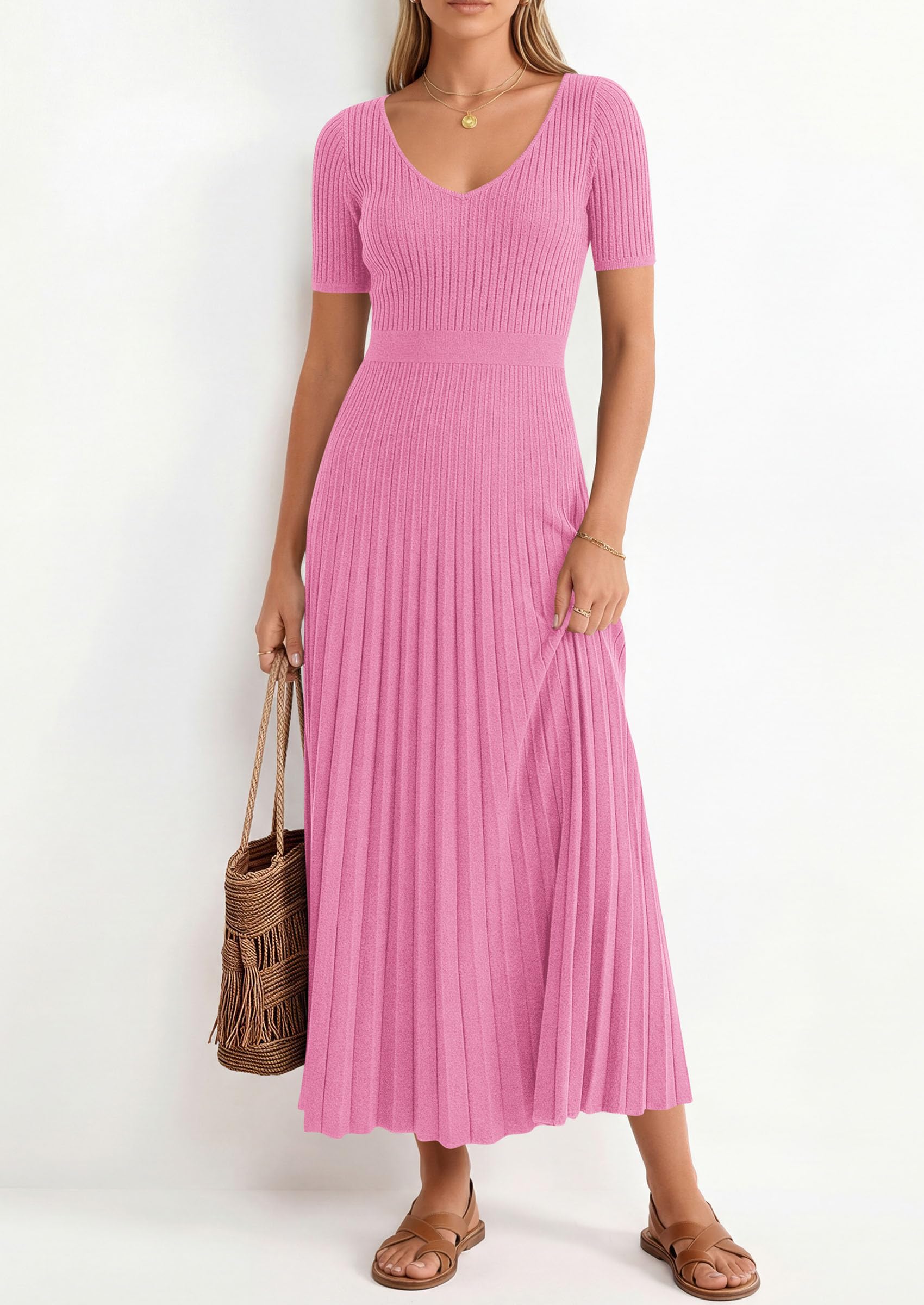 PRETTYGARDEN Women's Spring Midi Sweater Dresses Elegant Pleated Ribbed Knit Short Sleeve V Neck A Line Summer Outfits