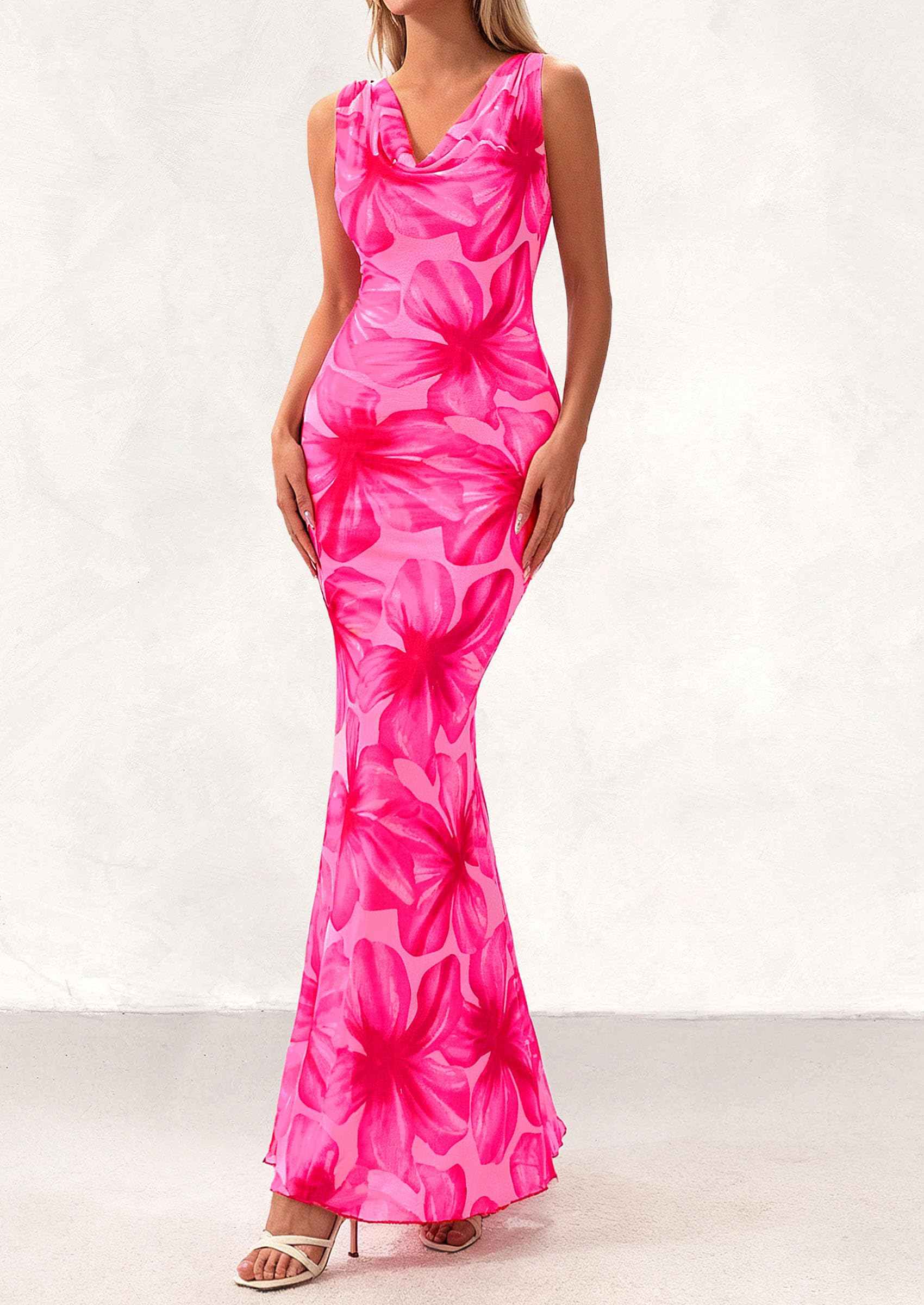 PRETTYGARDEN Women's Summer Cowl Neck Floral Maxi Dress Sleeveless Bodycon Beach Vacation Long Party Wedding Guest Dresses