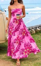 PRETTYGARDEN Sleeveless Floral Summer Maxi Dresses for Women Tube Top Flowy Long Dress Tropical Beach Vacation Clothes